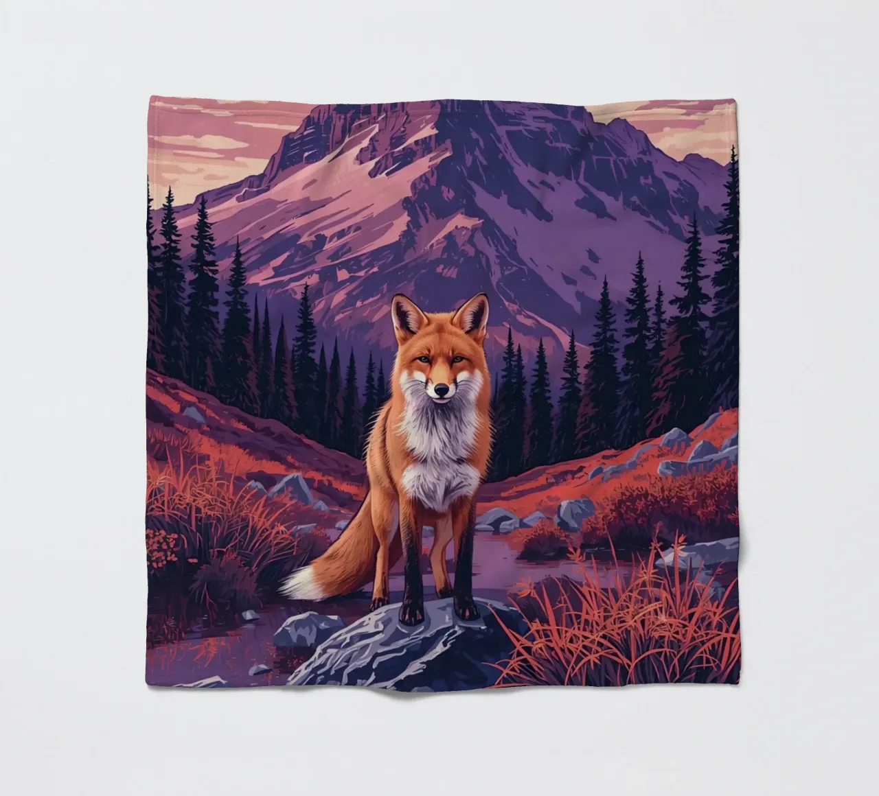 Fox Standing Near Stream with Mountain Backdrop fleece blanket by DesignDoodle