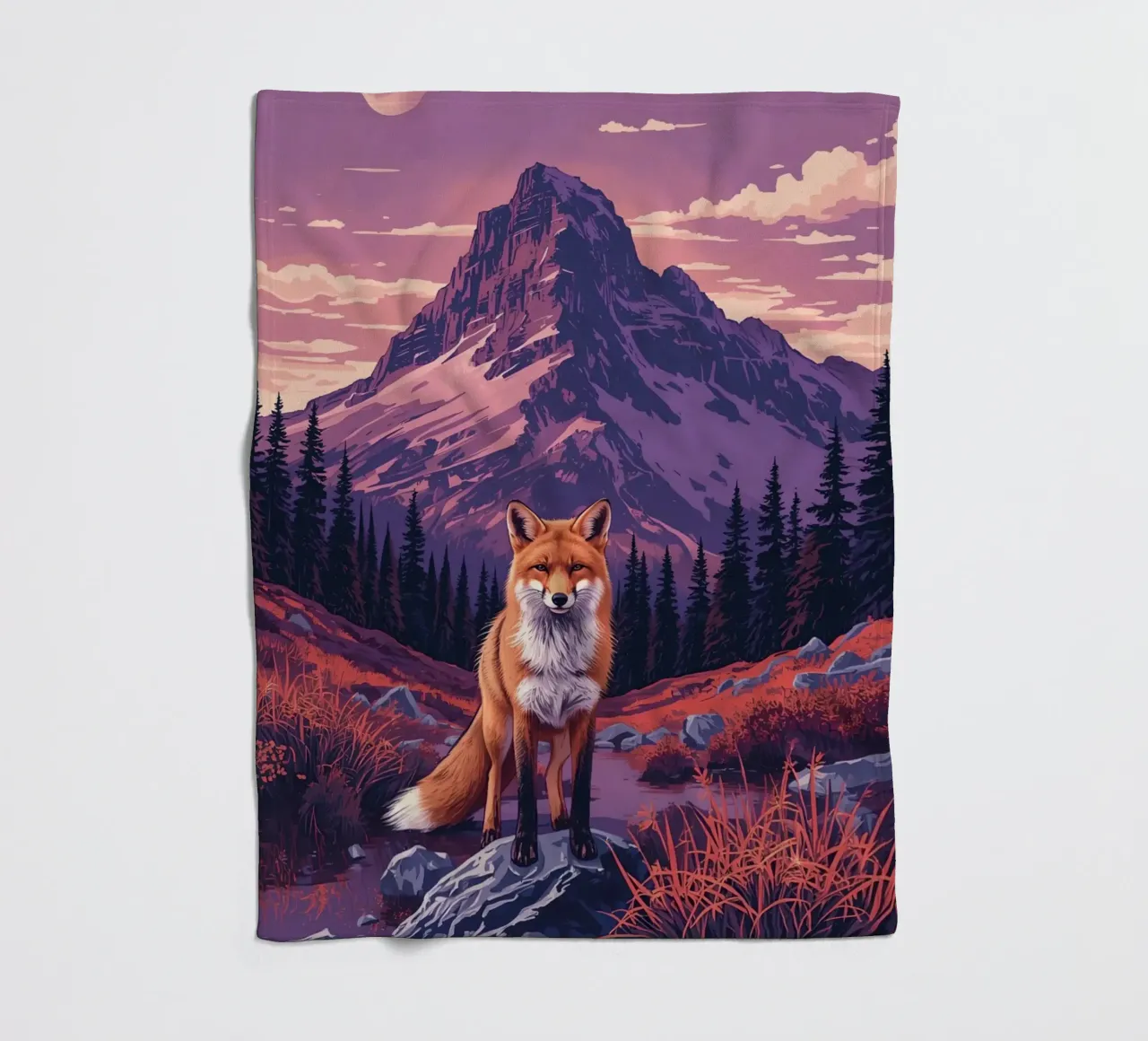 Fox Standing Near Stream with Mountain Backdrop fleece blanket by DesignDoodle
