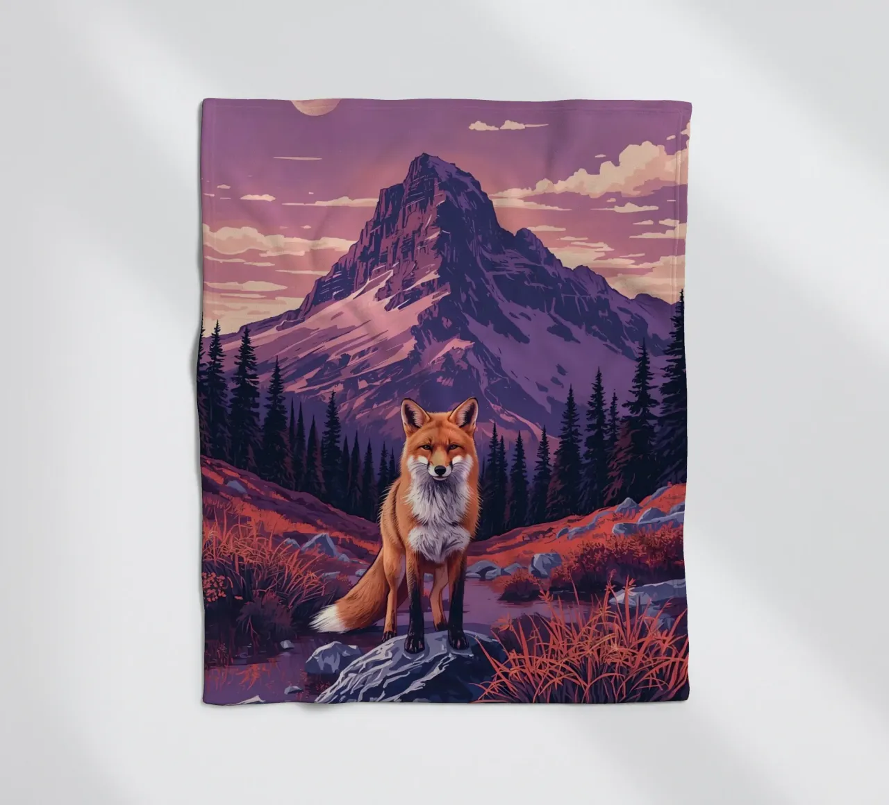 Fox Standing Near Stream with Mountain Backdrop fleece blanket by DesignDoodle