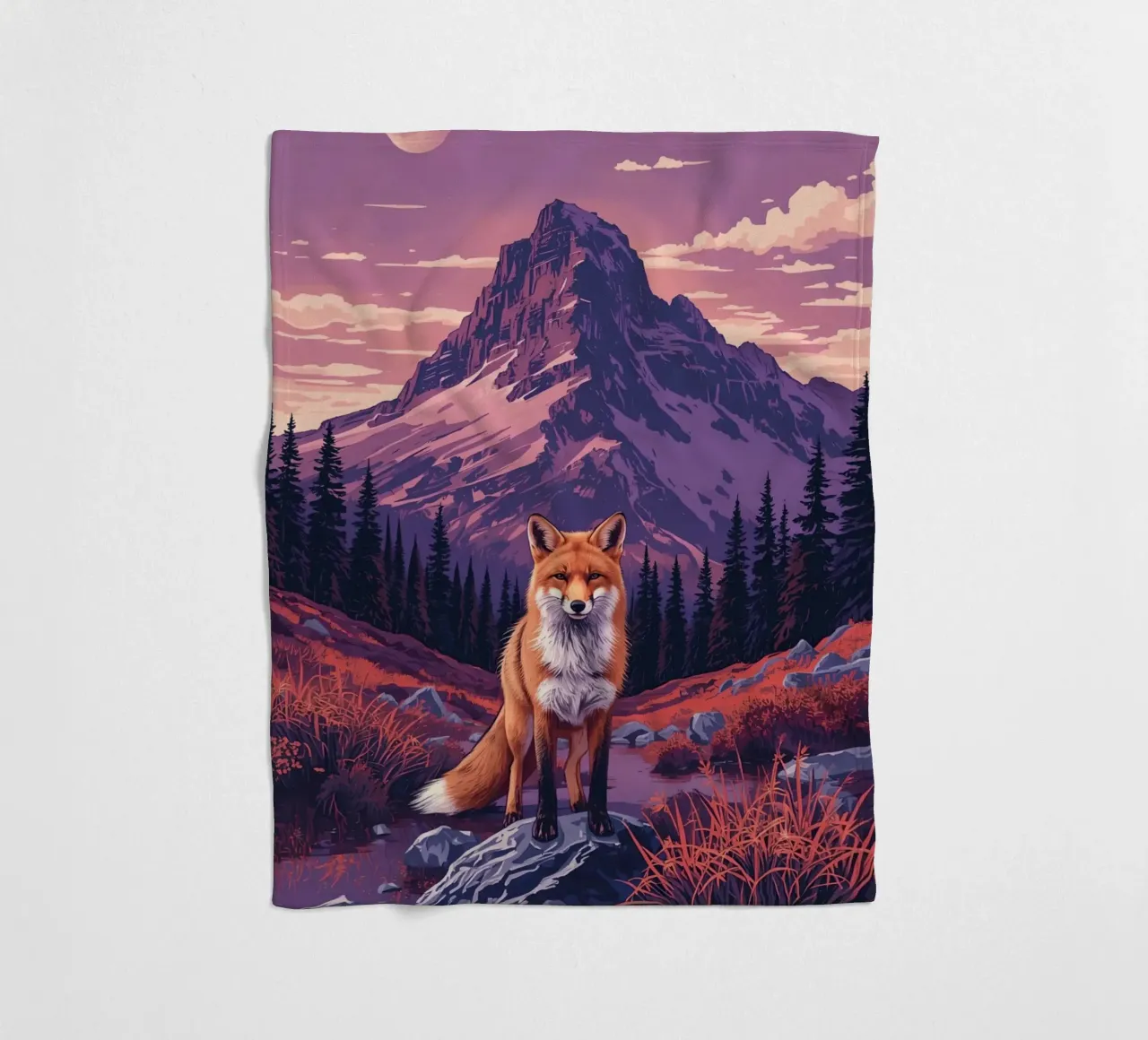 Fox Standing Near Stream with Mountain Backdrop fleece blanket by DesignDoodle