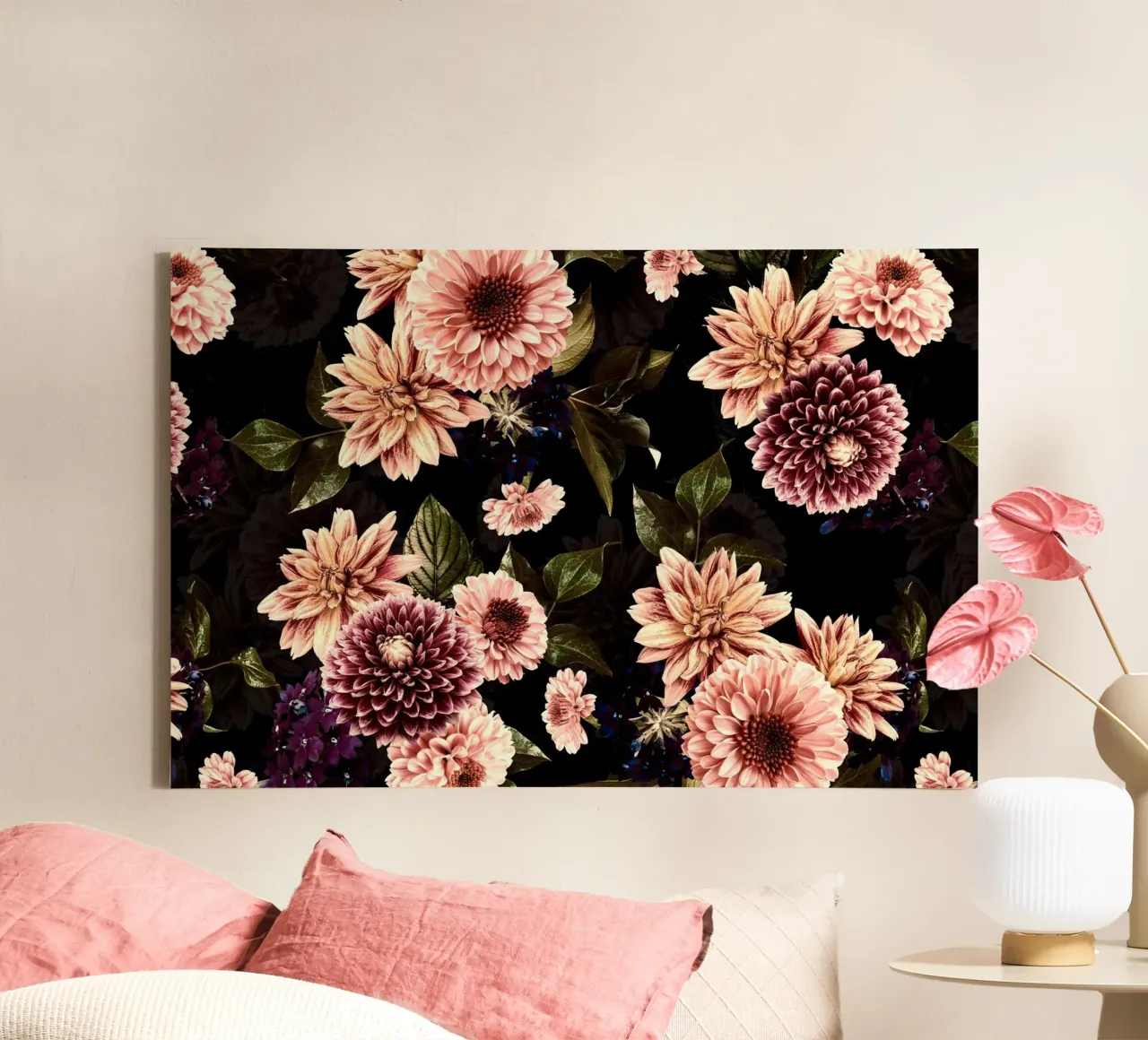 Giardino autunnale di mezzanotte con dalie e fiori di gerbera tela con Cornice a cassetta da Vintage World - Uta Naumann