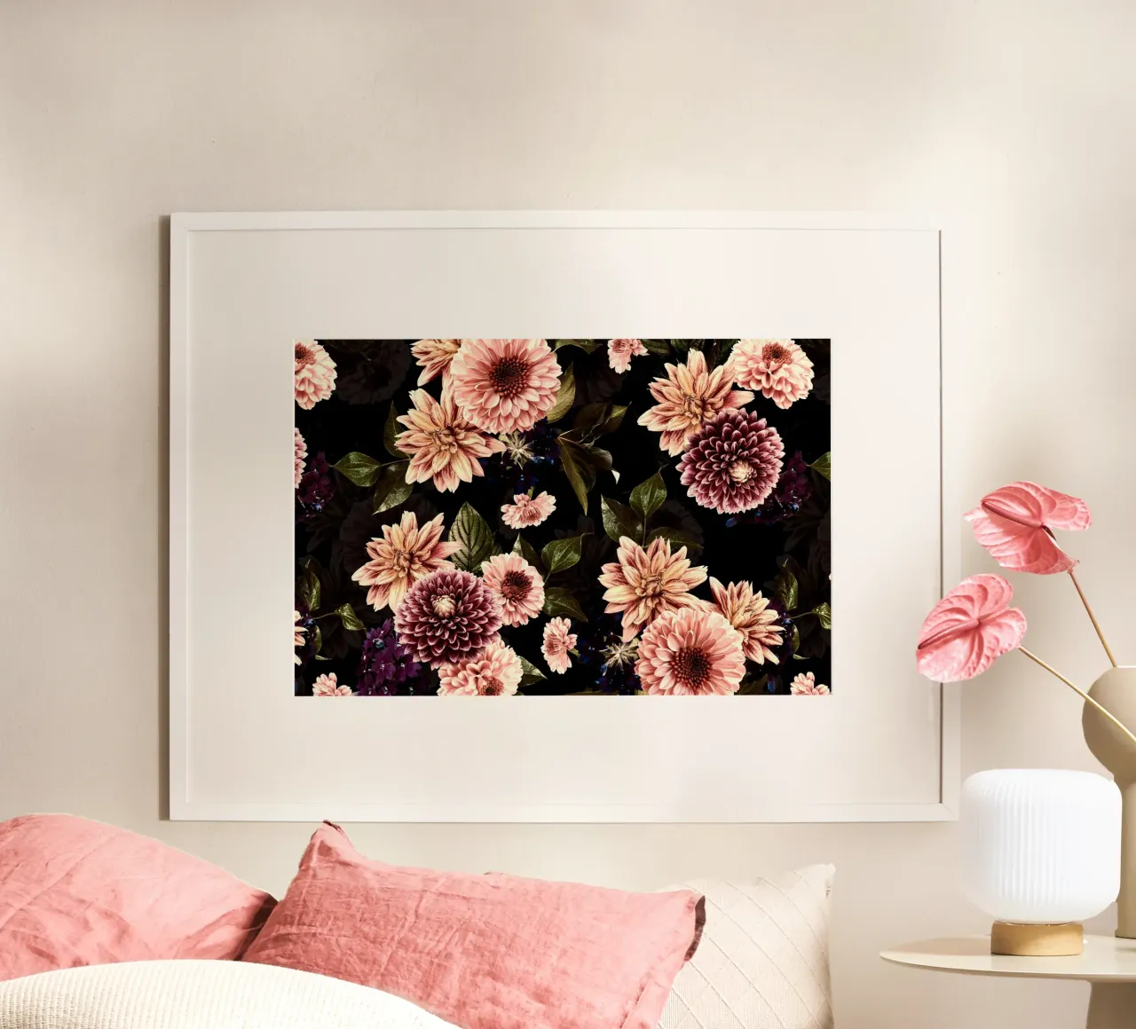 Giardino autunnale di mezzanotte con dalie e fiori di gerbera poster da Vintage World - Uta Naumann