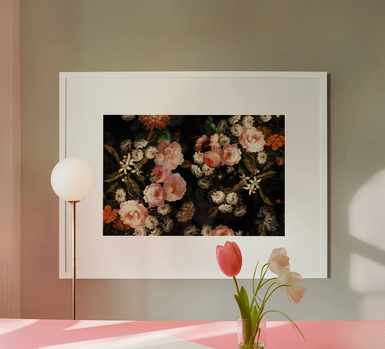 Rose Peach Giardino di mezzanotte con fiori e foglie poster da Vintage World - Uta Naumann