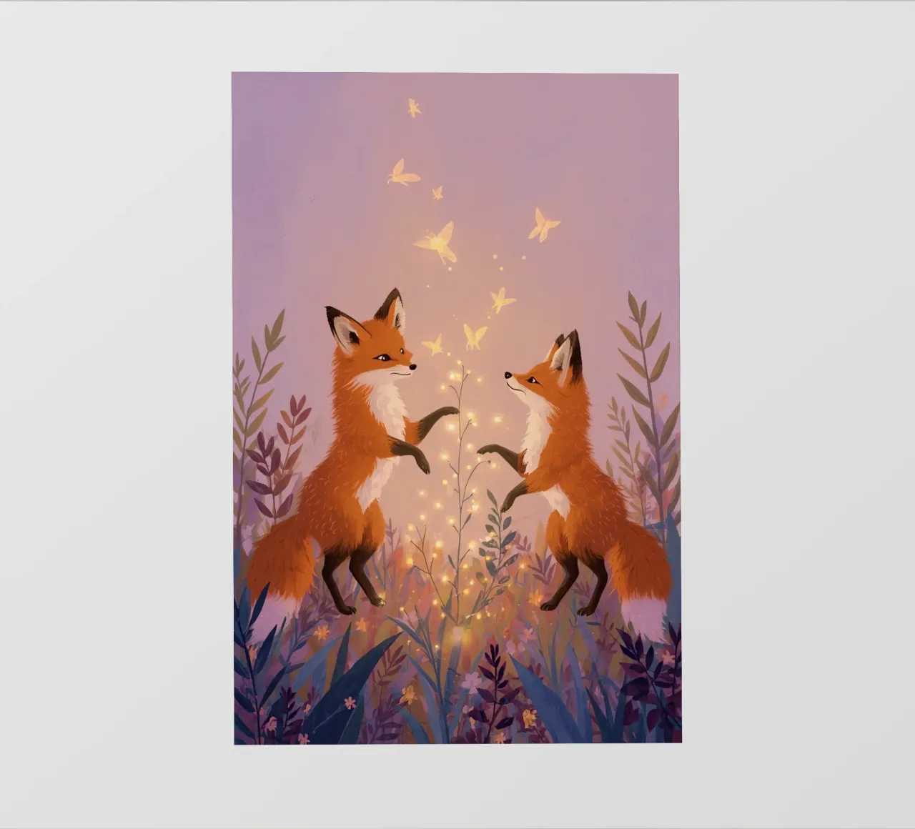 Due volpi in piedi con piante e farfalle luminose pellicola backlit da DesignDoodle