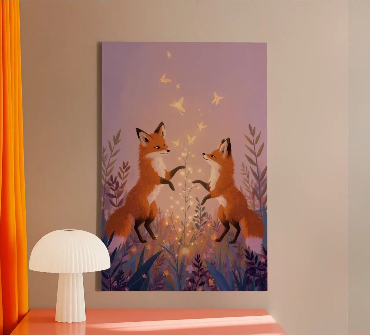 Due volpi in piedi con piante e farfalle luminose tela con Cornice a cassetta da DesignDoodle