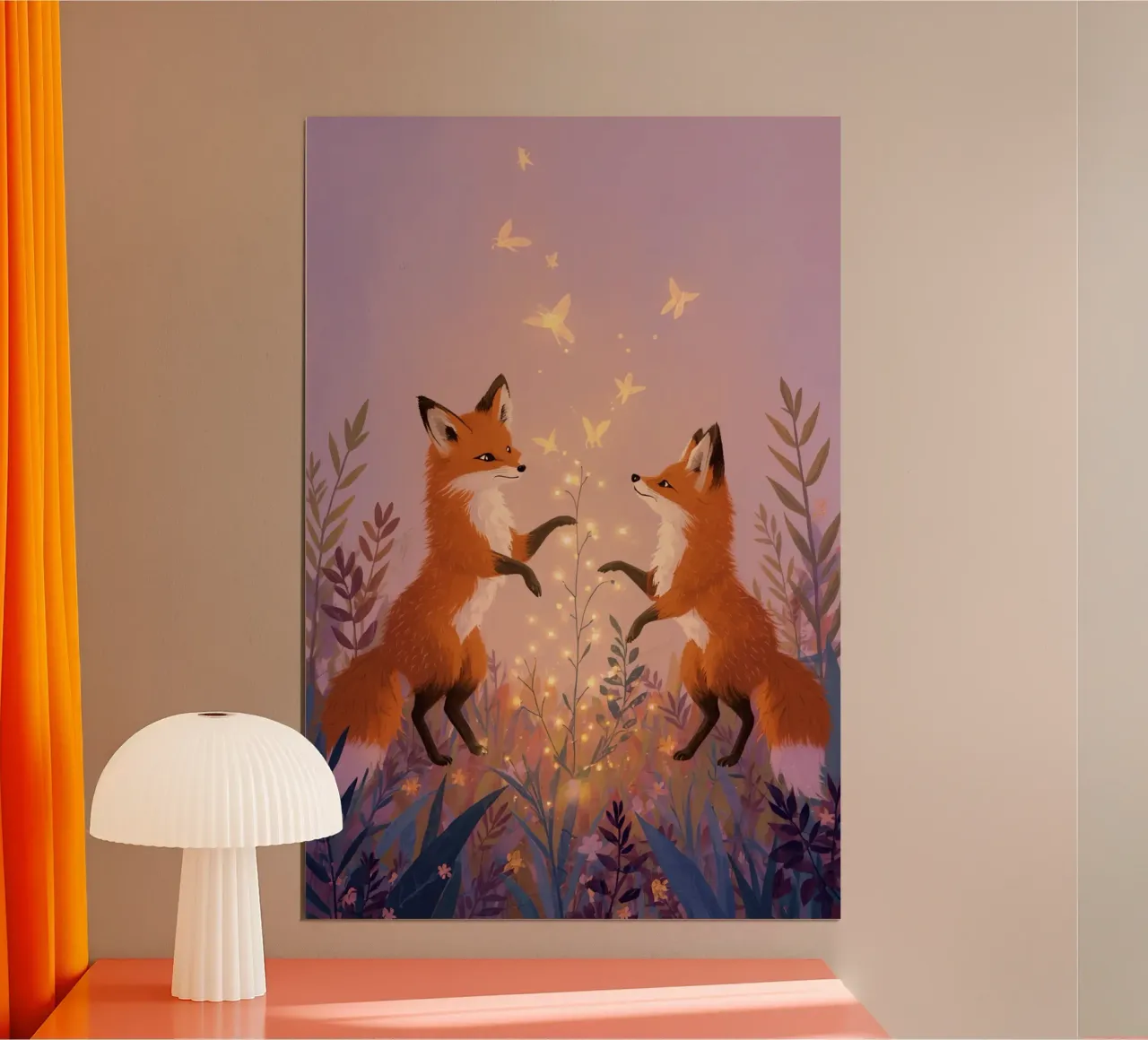Due volpi in piedi con piante e farfalle luminose poster da DesignDoodle