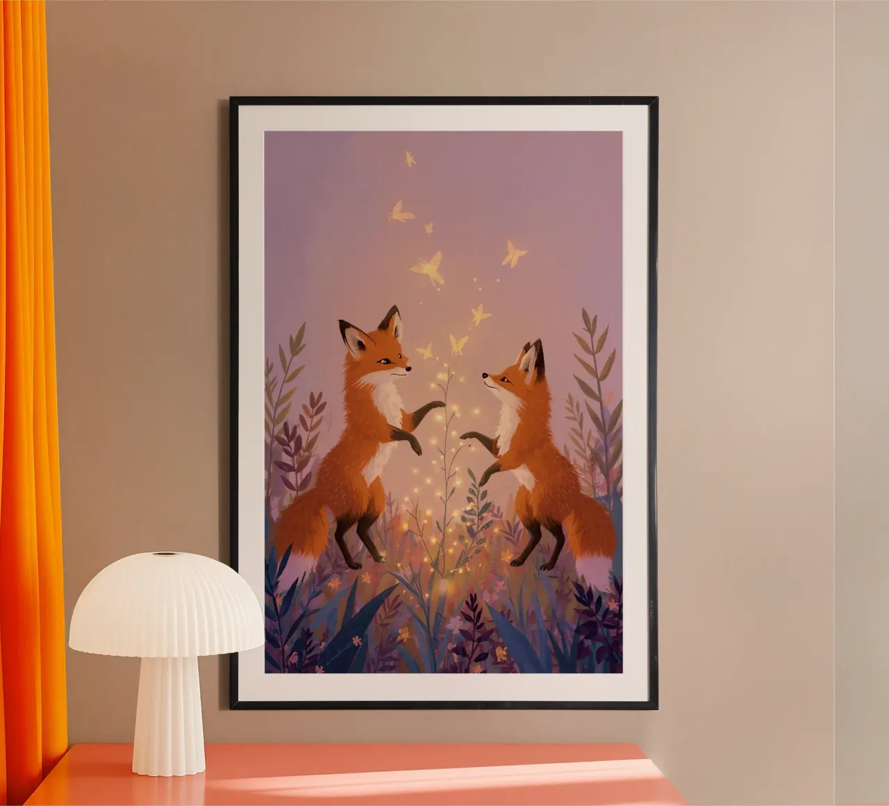 Due volpi in piedi con piante e farfalle luminose poster da DesignDoodle