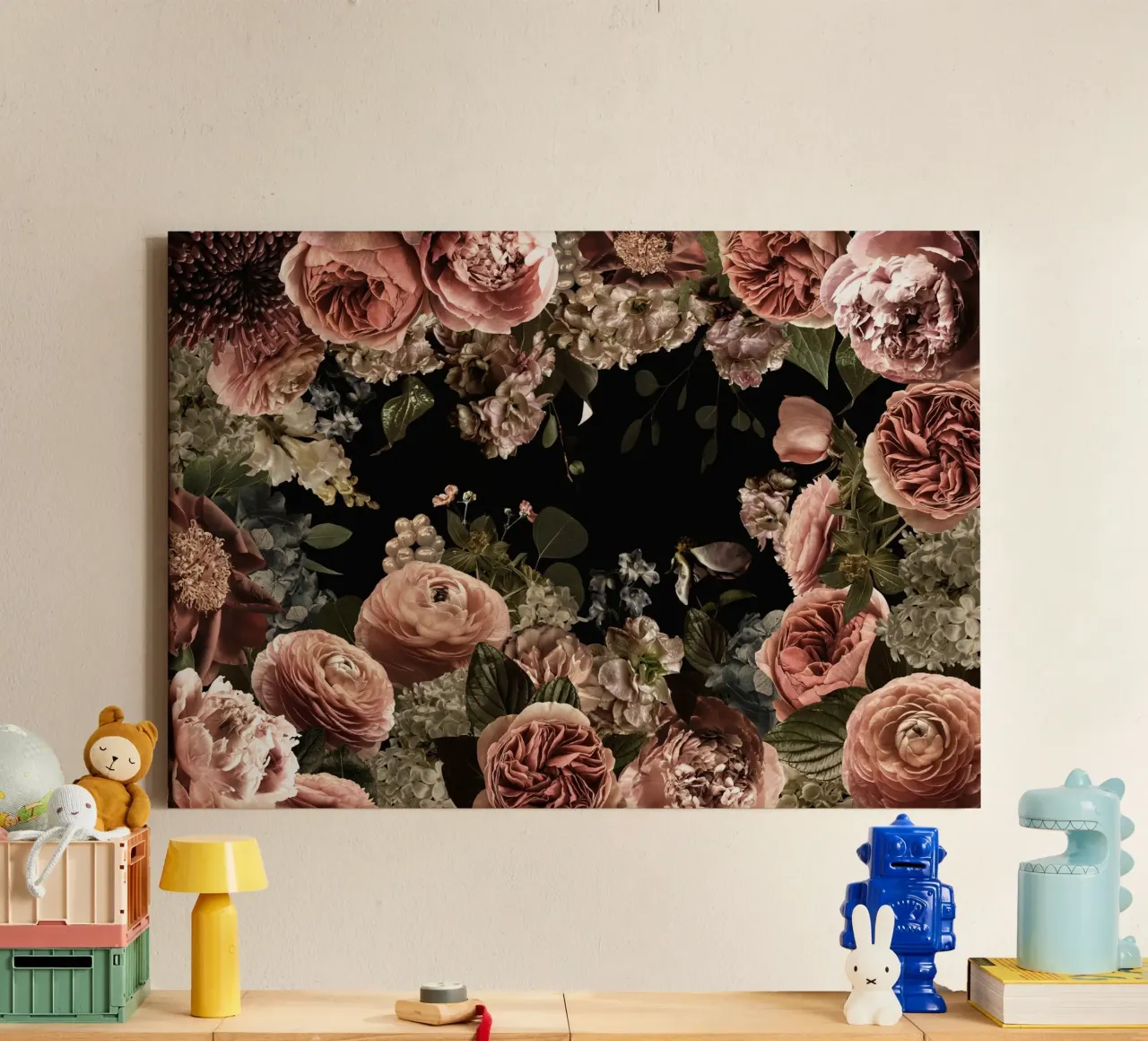 Romantico giardino di mezzanotte con rose e peonie in fiore tela con Cornice a cassetta da Vintage World - Uta Naumann