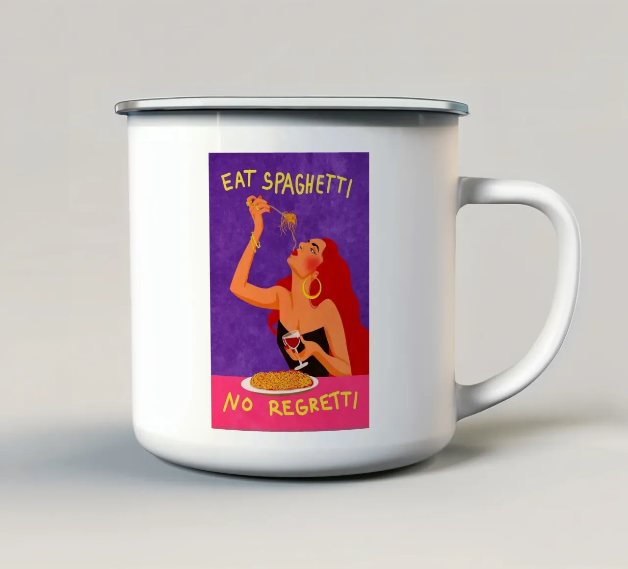 Eat Spaghetti No Regretti tazza in smalto da mesa