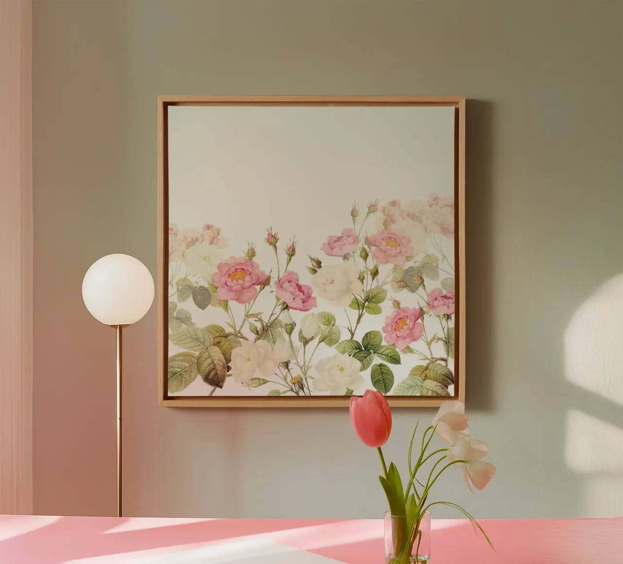 Vintage Redouté Rozen Tuin met Blush en Witte Bloemen canvas met Baklijst van Vintage World - Uta Naumann