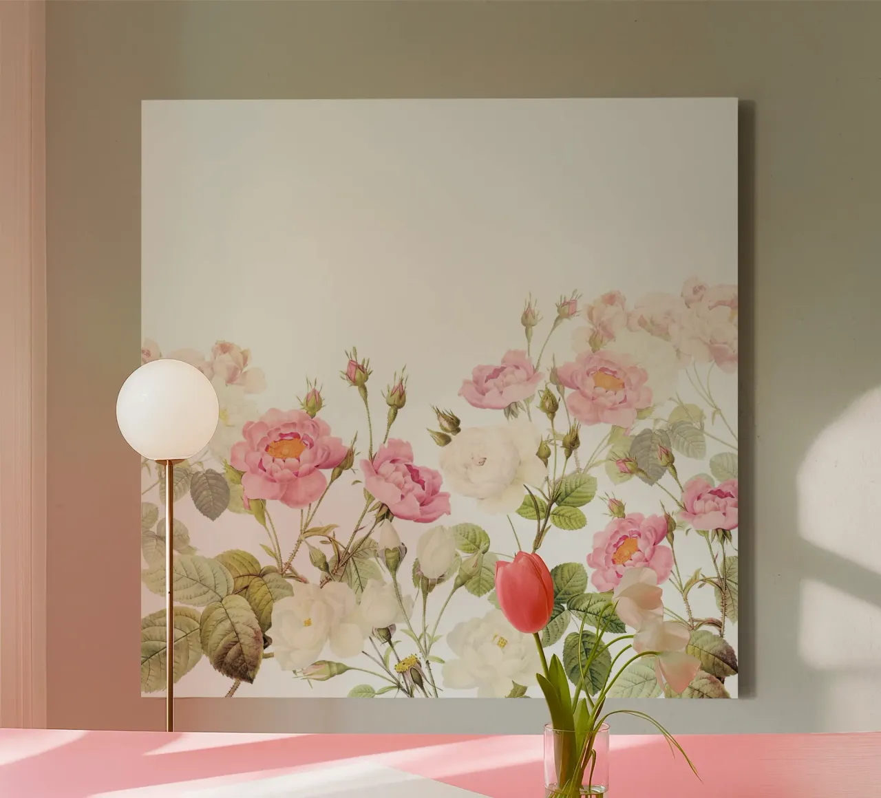 Vintage Redouté Rozen Tuin met Blush en Witte Bloemen canvas met Baklijst van Vintage World - Uta Naumann