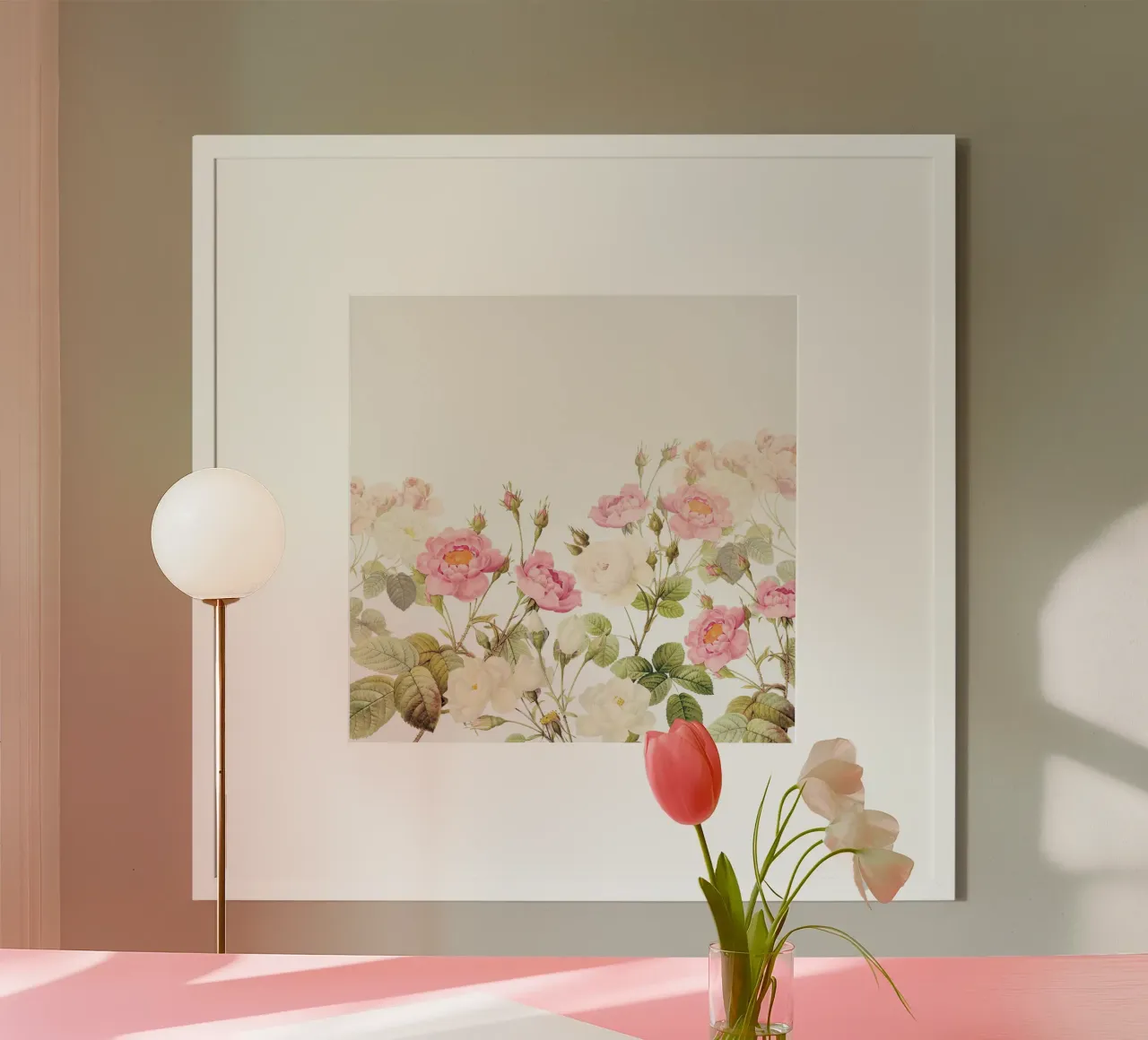Giardino di rose redouté vintage con fiori bianchi e blu poster con telaio in plastica da Vintage World - Uta Naumann
