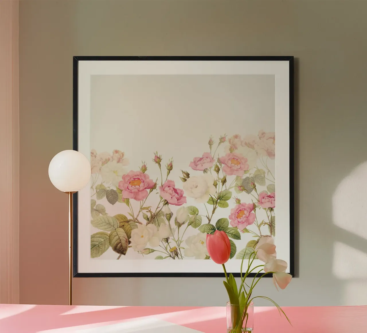 Giardino di rose redouté vintage con fiori bianchi e blu poster con telaio in plastica da Vintage World - Uta Naumann