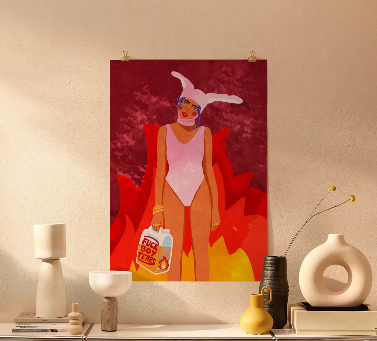 Ragazza coniglio ardente poster da mesa