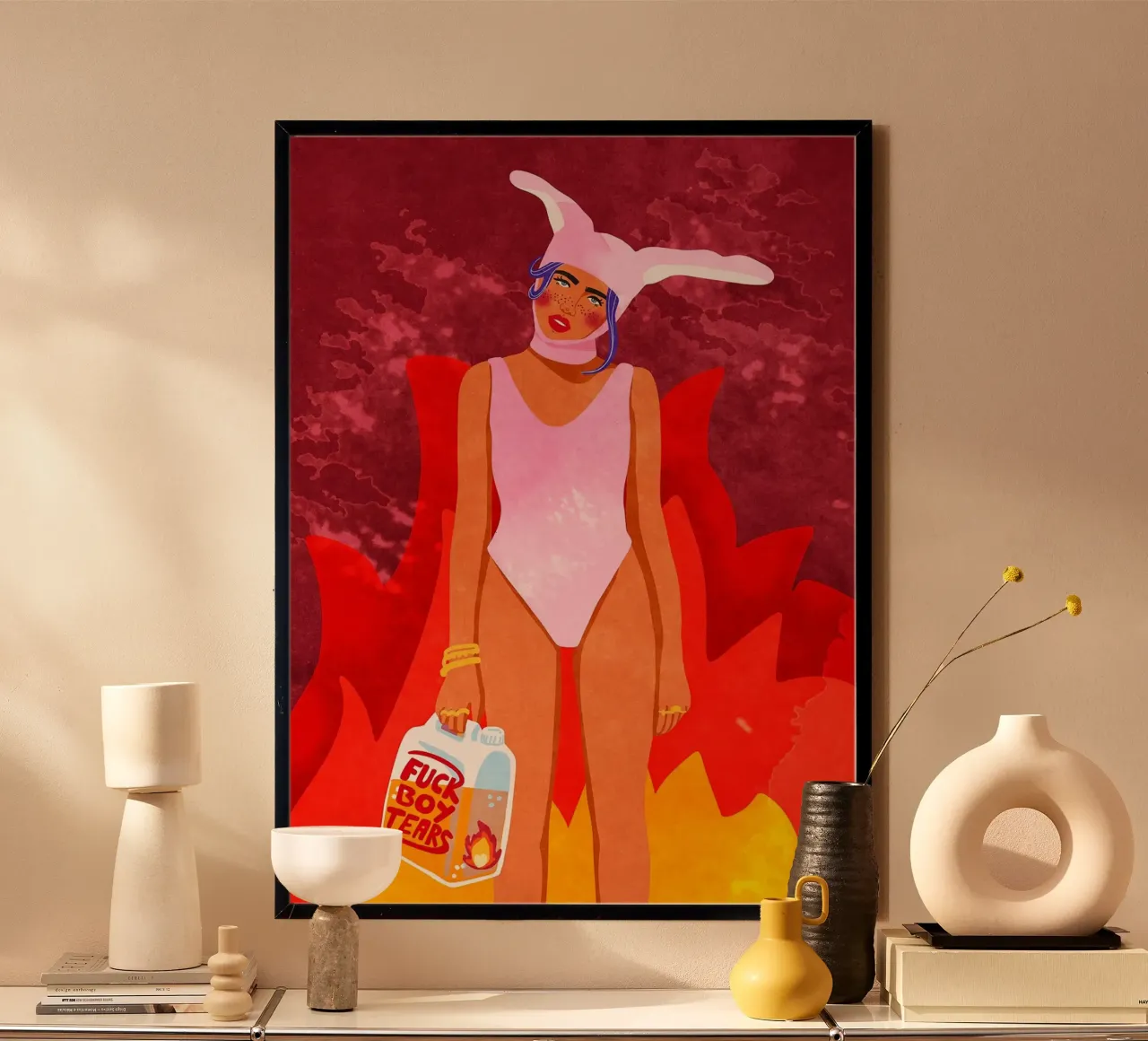 Ragazza coniglio ardente poster da mesa