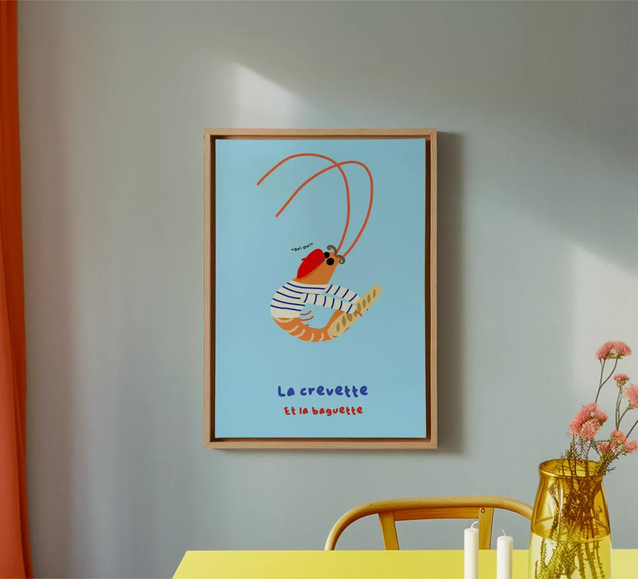 Gamberi alla francese con illustrazione di baguette tela con Cornice a cassetta da mesa