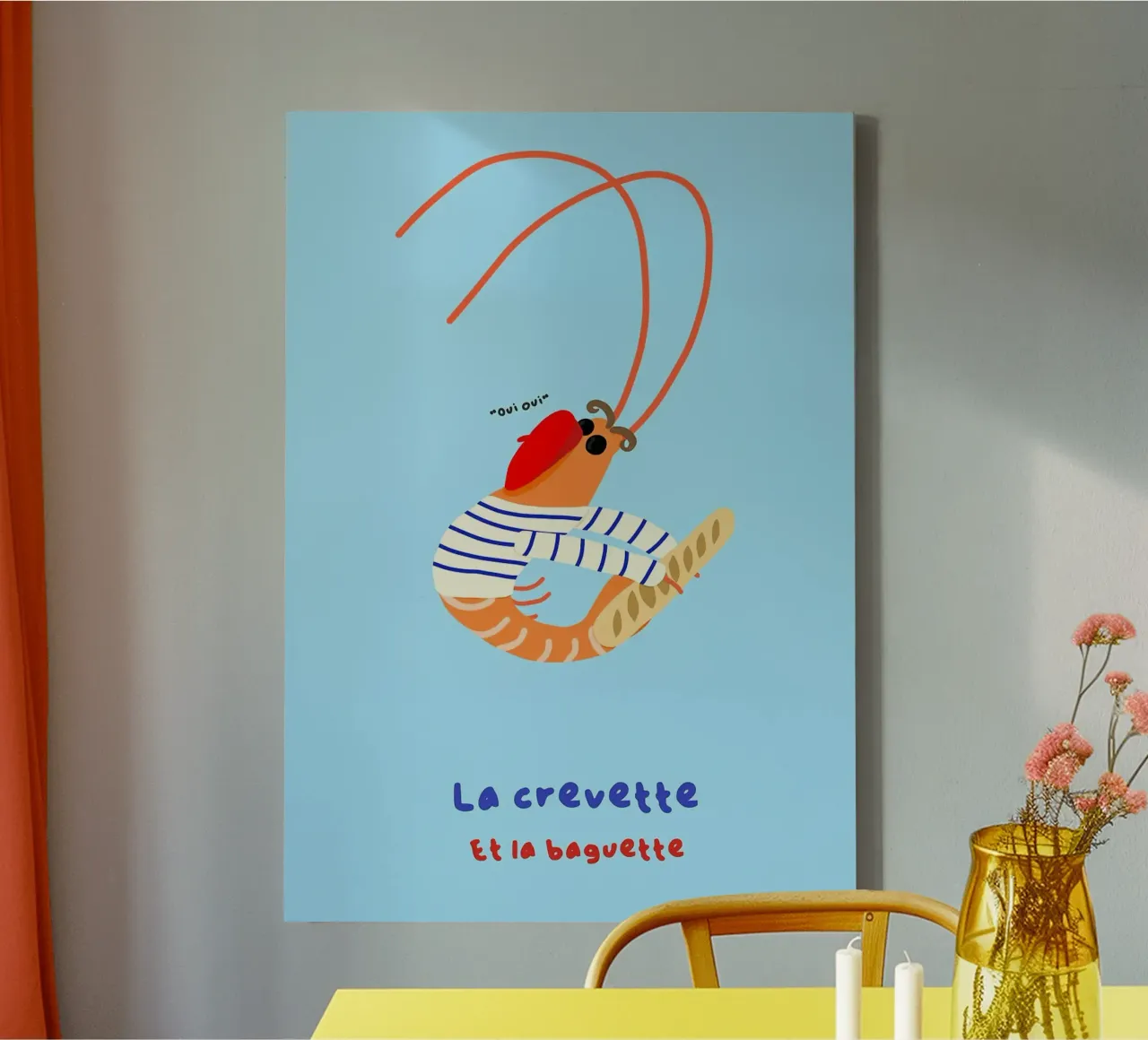 Gamberi alla francese con illustrazione di baguette tela con Cornice a cassetta da mesa