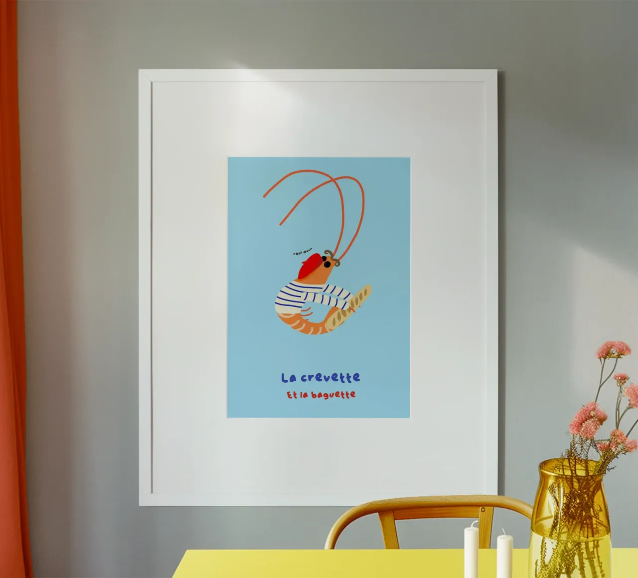 Gamberi alla francese con illustrazione di baguette poster da mesa