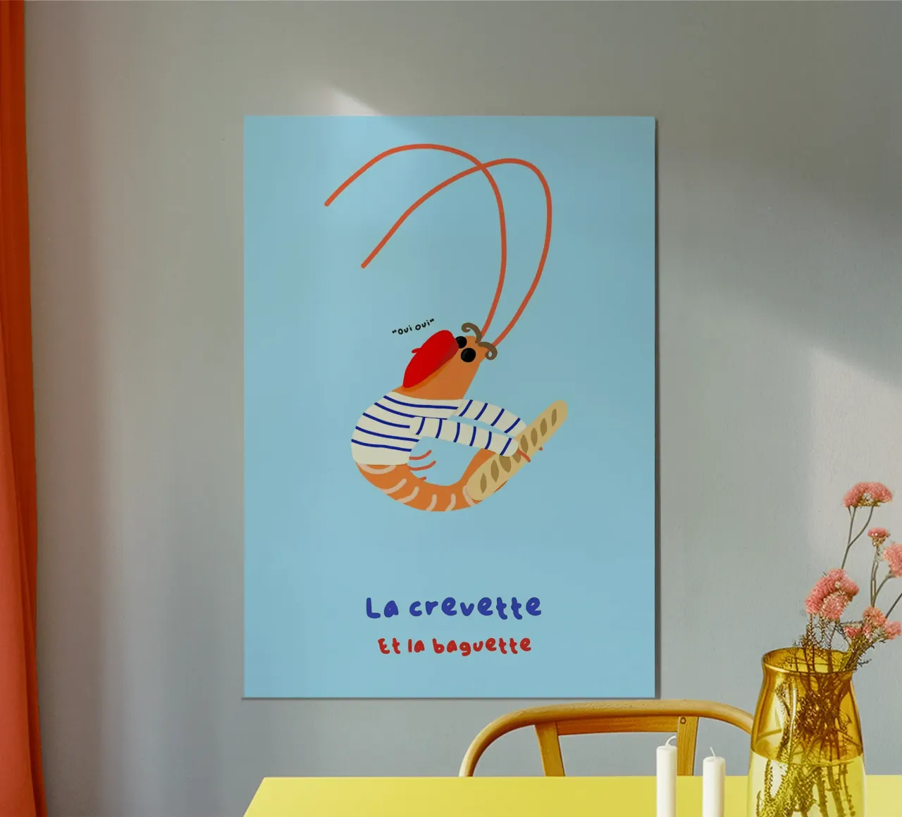 Gamberi alla francese con illustrazione di baguette poster da mesa