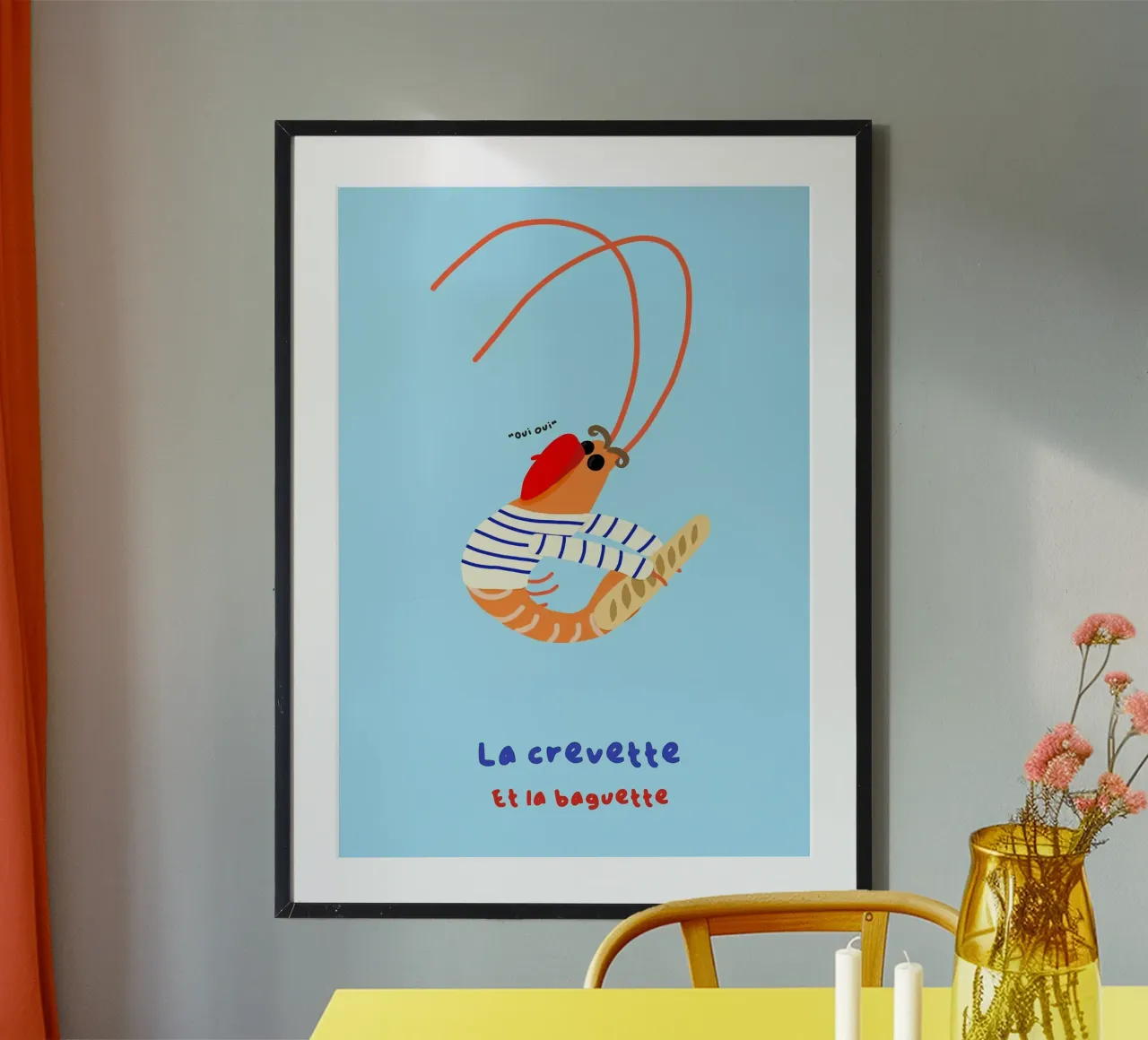 Gamberi alla francese con illustrazione di baguette poster da mesa