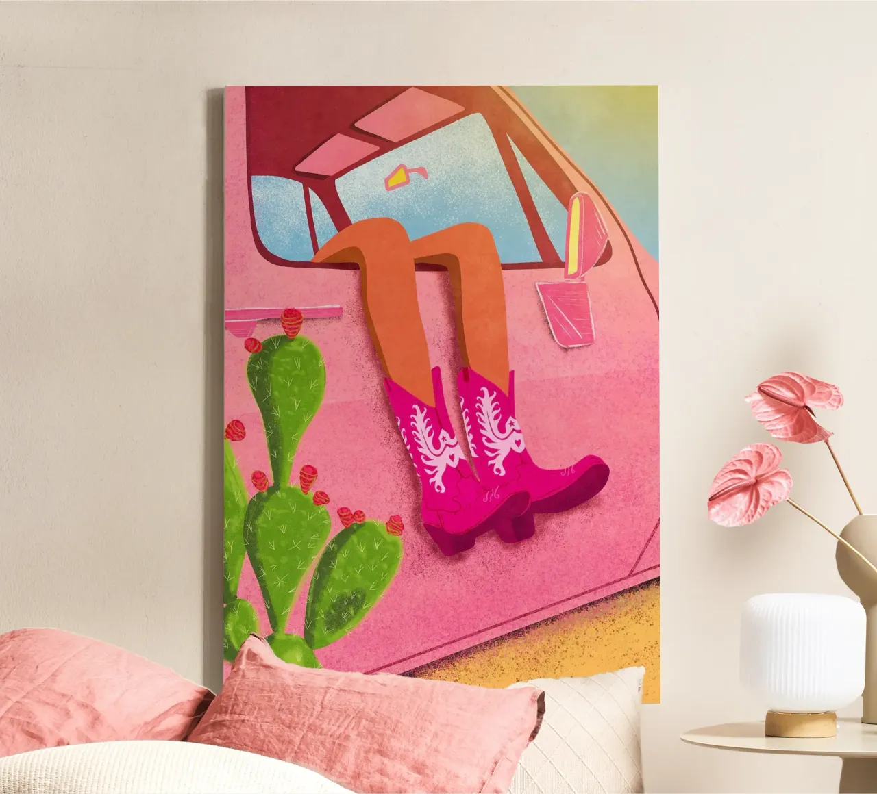 Botas vaqueras rosas lienzo con Marco flotante de mesa