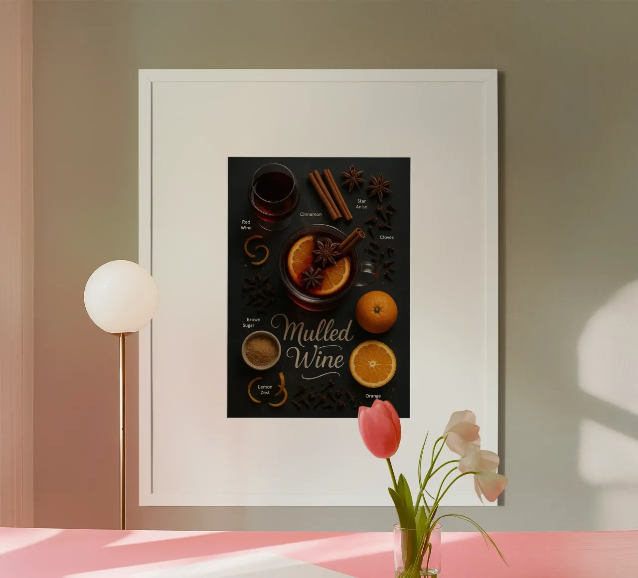 Poster sul vin brulé - Caldo cocktail invernale a base di vino rosso poster con telaio in legno da mesa