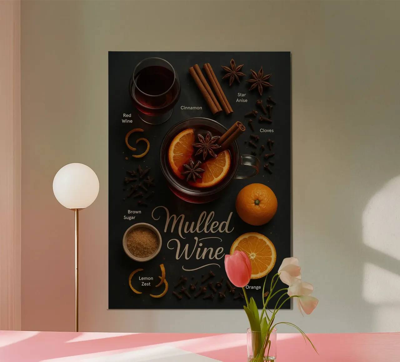 Poster sul vin brulé - Caldo cocktail invernale a base di vino rosso poster con telaio in legno da mesa
