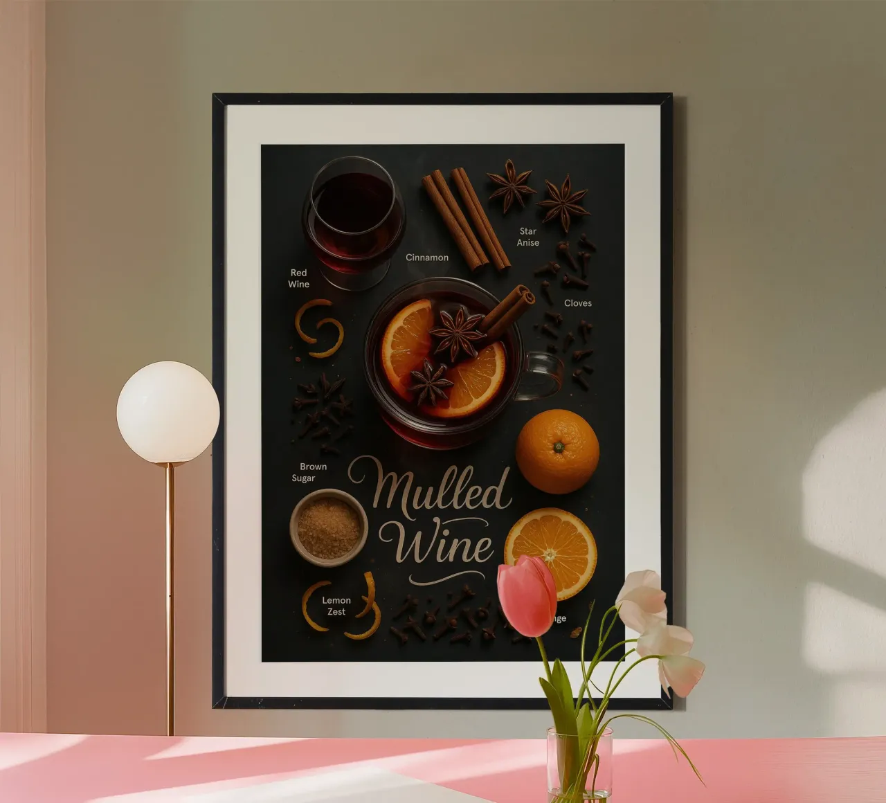 Poster sul vin brulé - Caldo cocktail invernale a base di vino rosso poster con telaio in legno da mesa