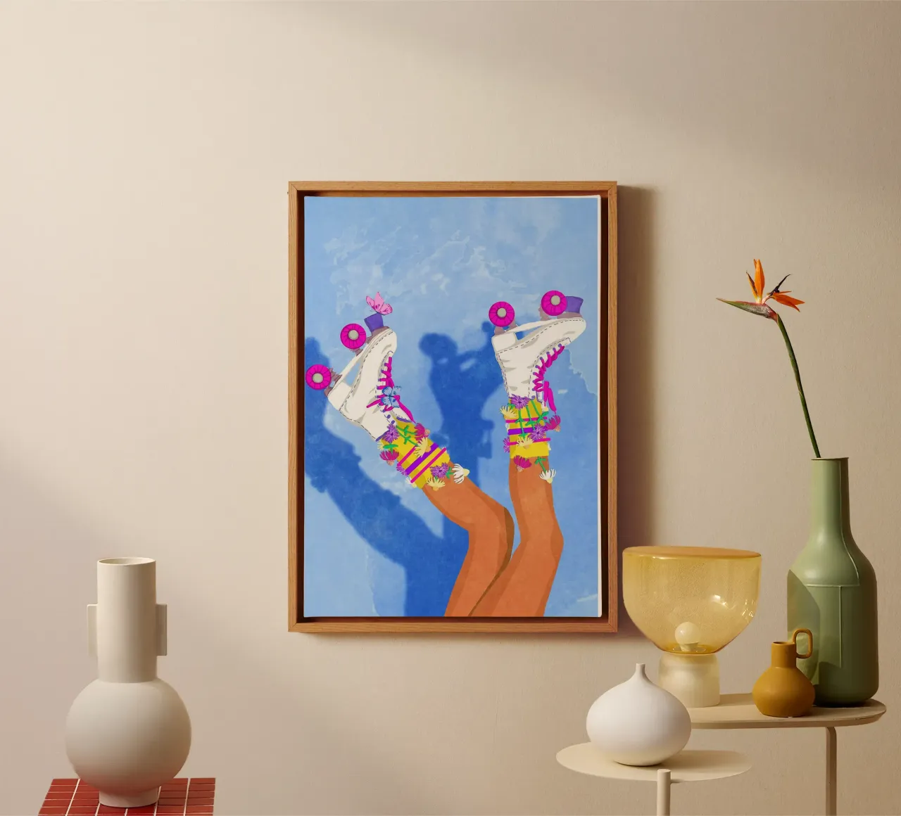 Pattini a rotelle con fiori tela con Cornice a cassetta da mesa