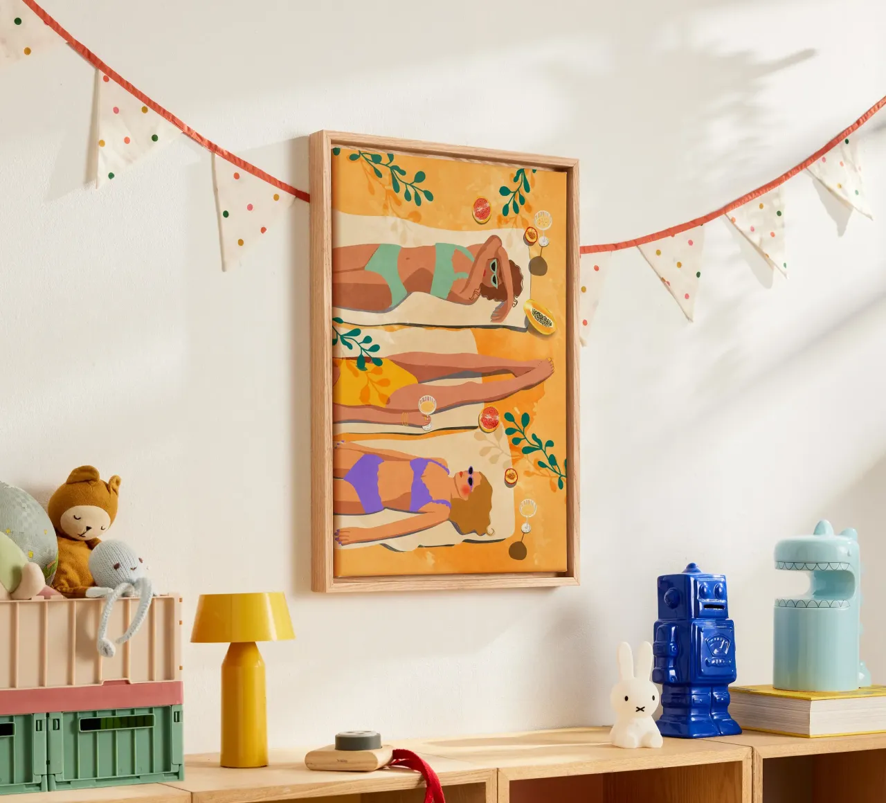 Sunbathing on the Beach canvas with Floater frame by mesa