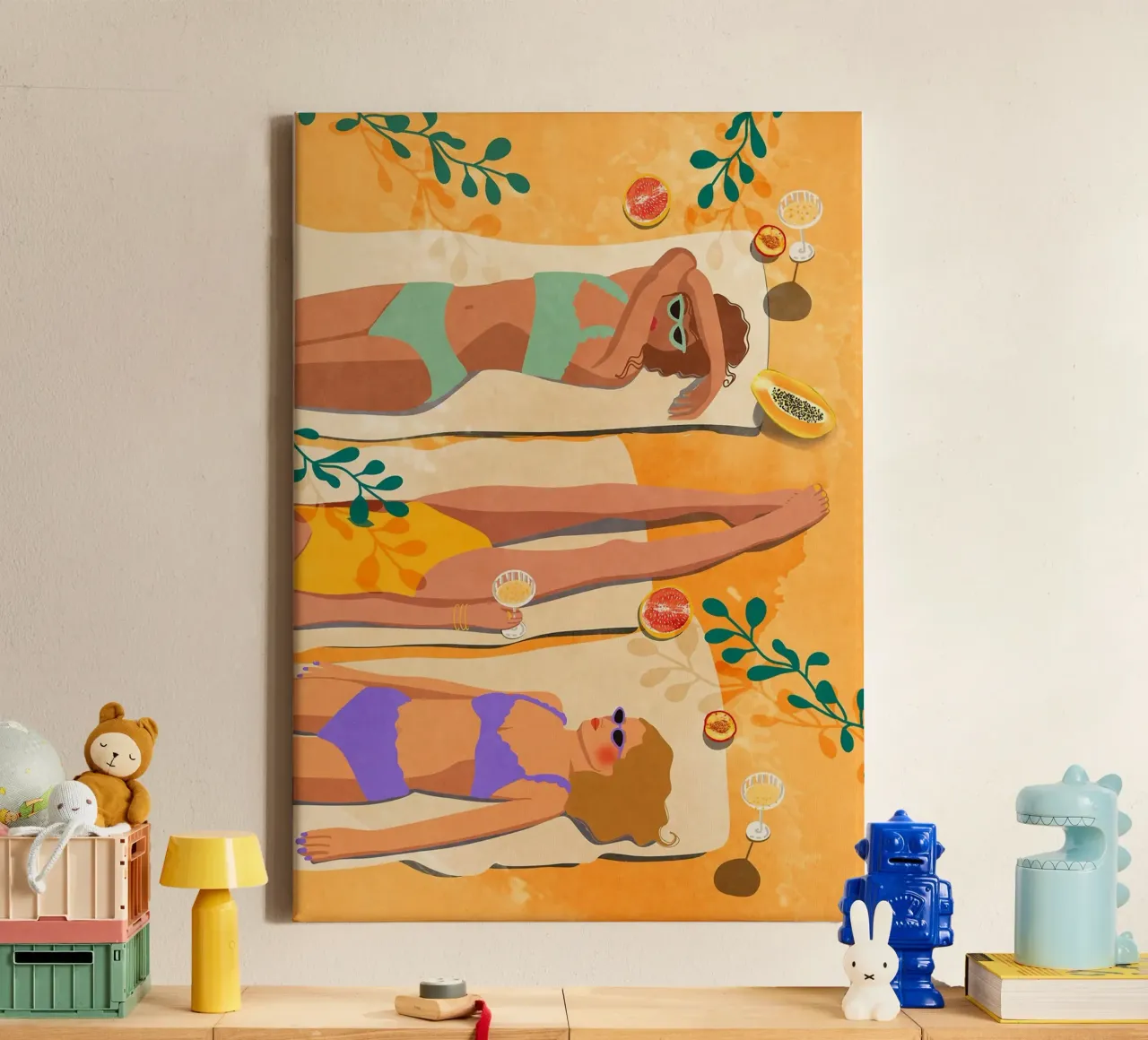 Sunbathing on the Beach canvas with Floater frame by mesa