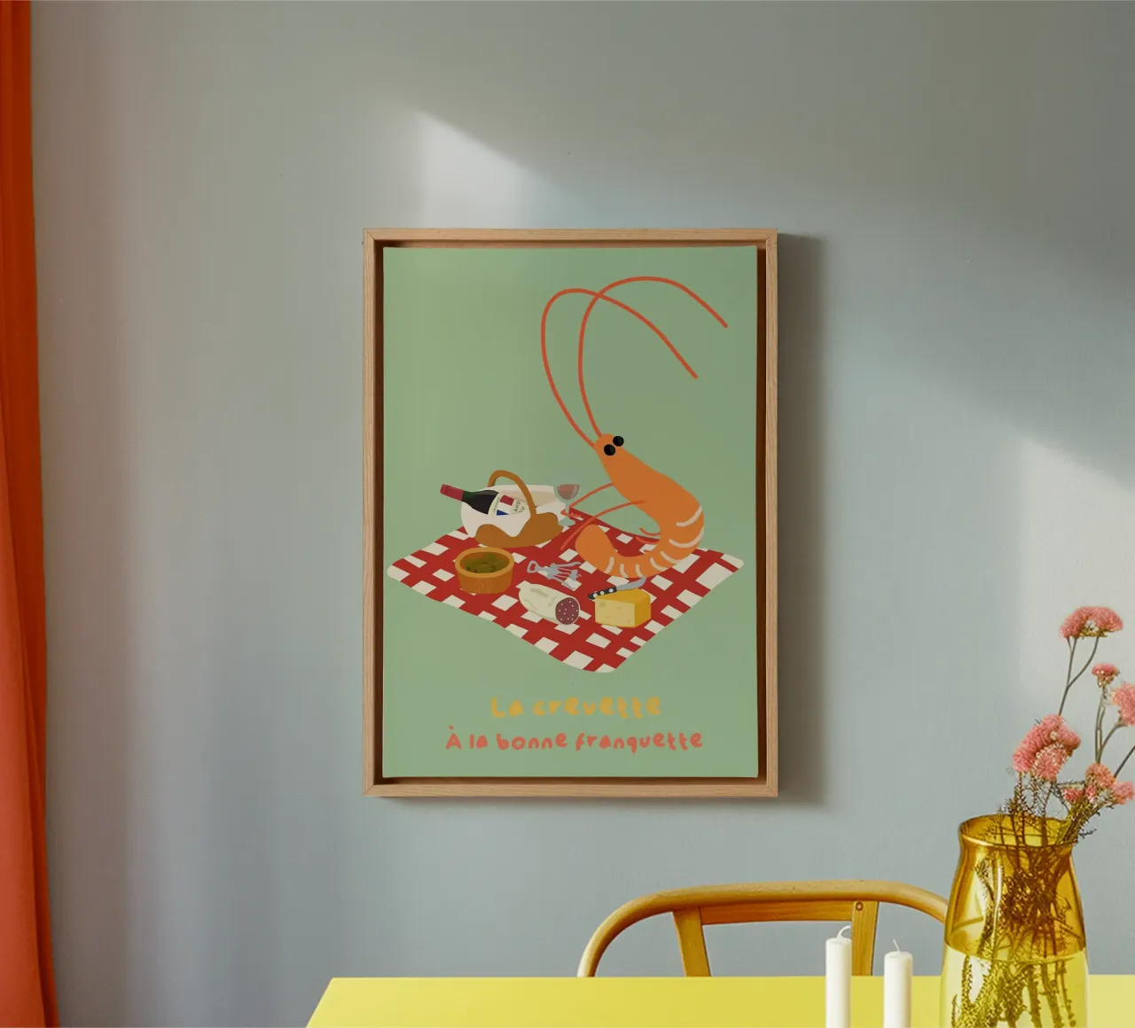 Illustrazione del picnic francese con gamberetti tela con Cornice a cassetta da mesa