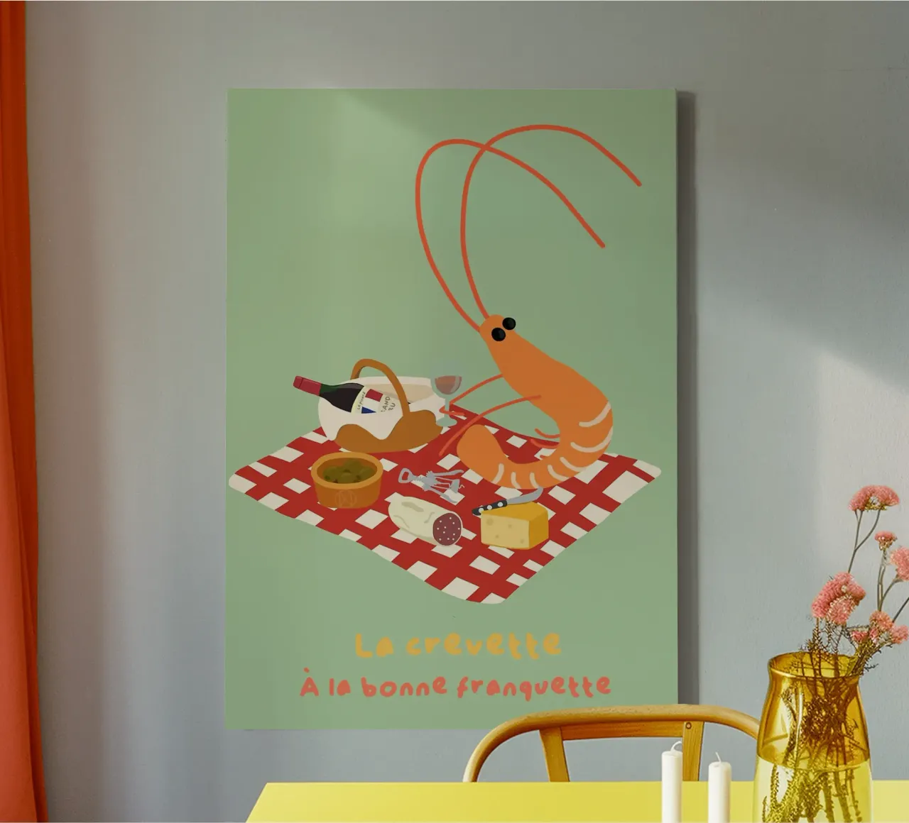 Illustrazione del picnic francese con gamberetti tela con Cornice a cassetta da mesa