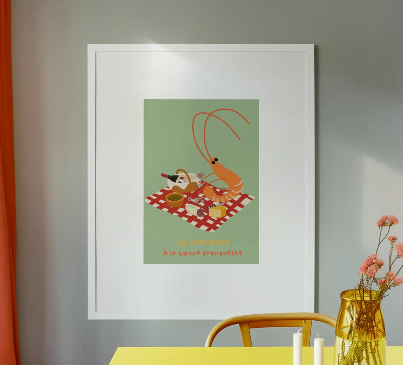 Illustrazione del picnic francese con gamberetti poster da mesa