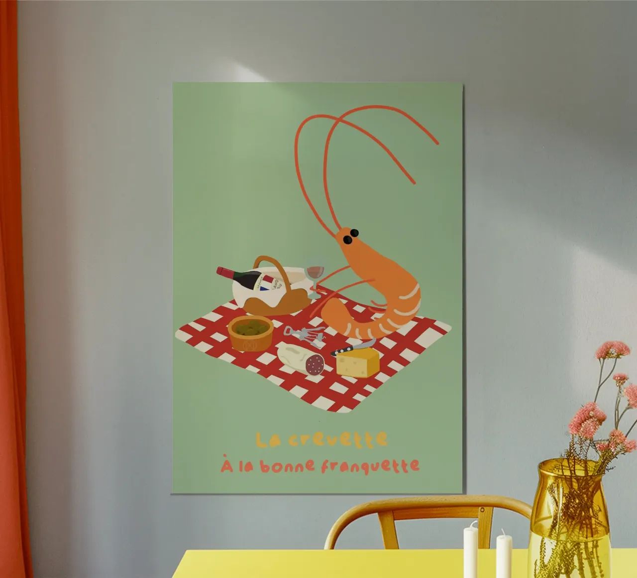 Illustrazione del picnic francese con gamberetti poster da mesa