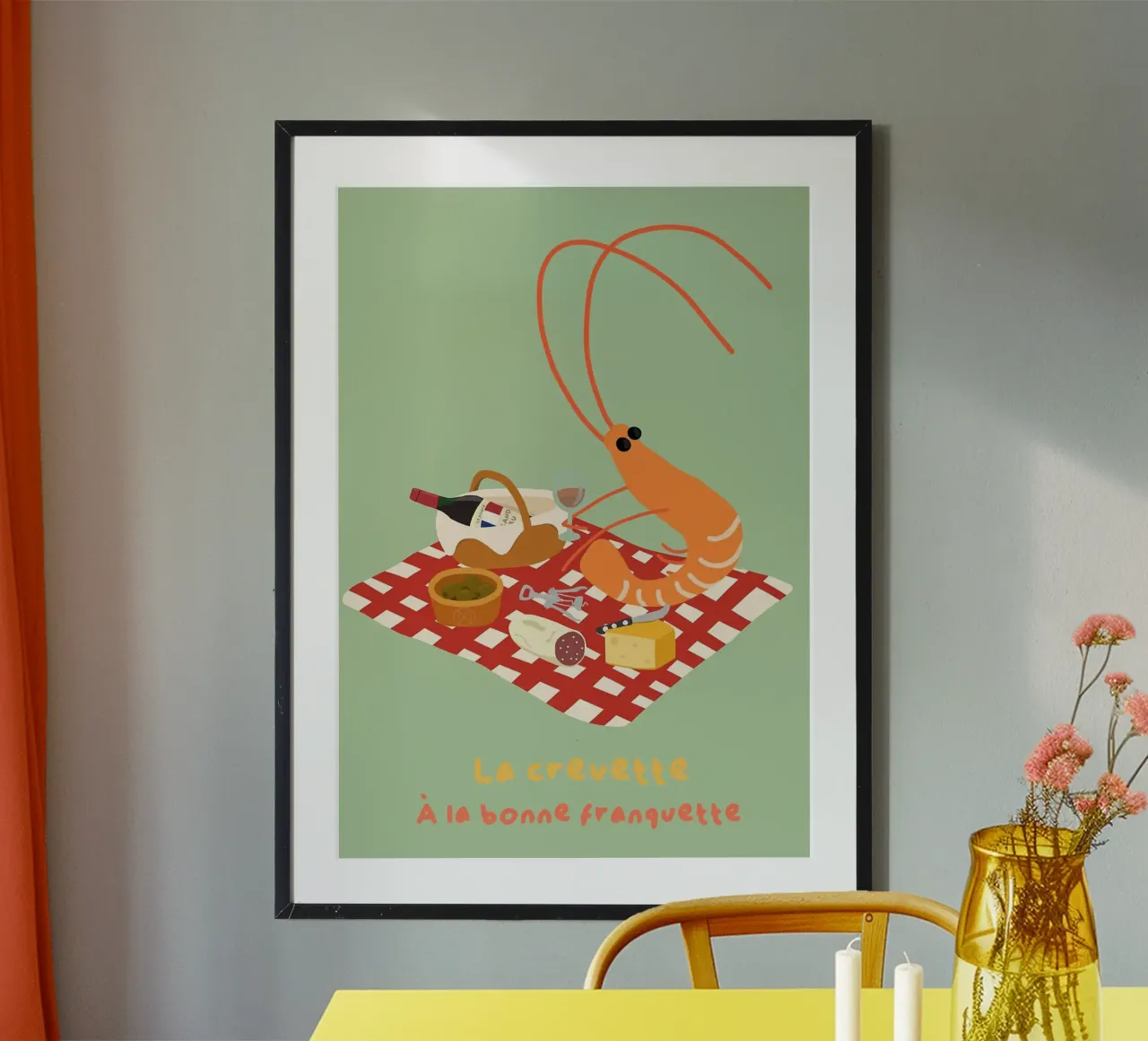 Illustrazione del picnic francese con gamberetti poster da mesa