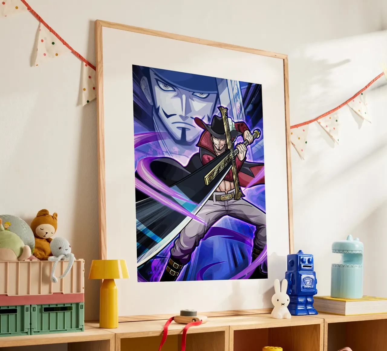 Black Mihawk One Piece poster con telaio in legno da Dumery Art