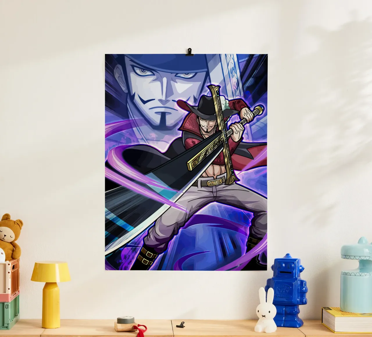 Black Mihawk One Piece poster con telaio in legno da Dumery Art