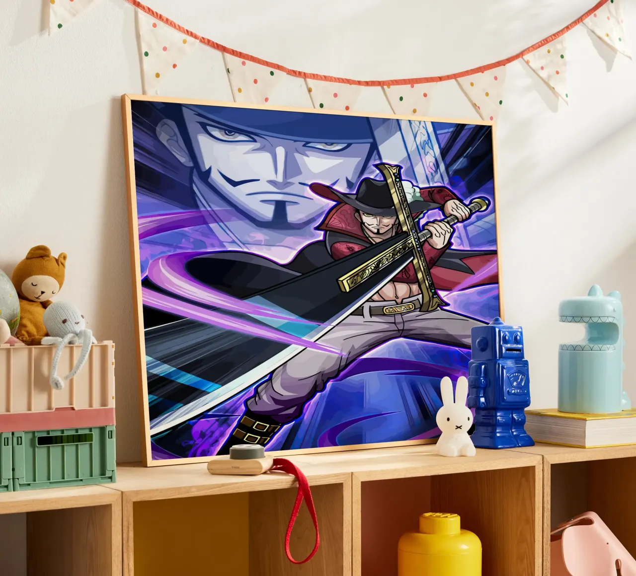 Black Mihawk One Piece poster con telaio in legno da Dumery Art