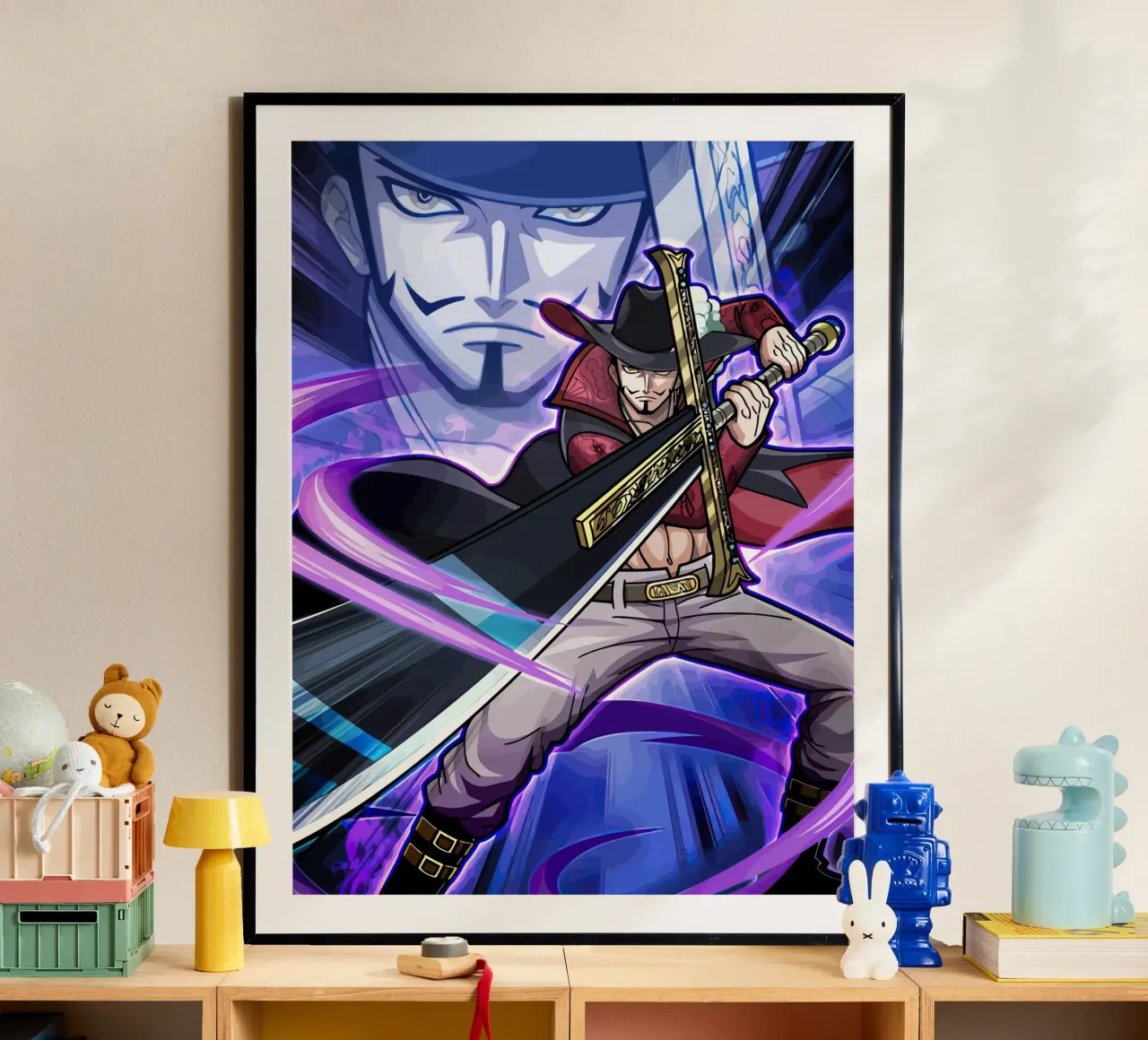 Black Mihawk One Piece poster con telaio in legno da Dumery Art