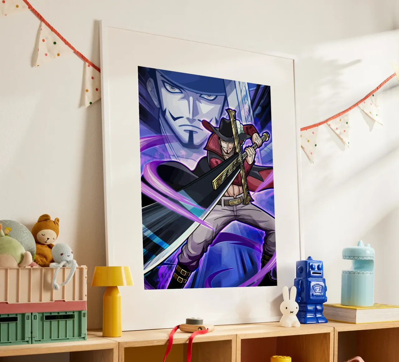 Black Mihawk One Piece poster con telaio in legno da Dumery Art