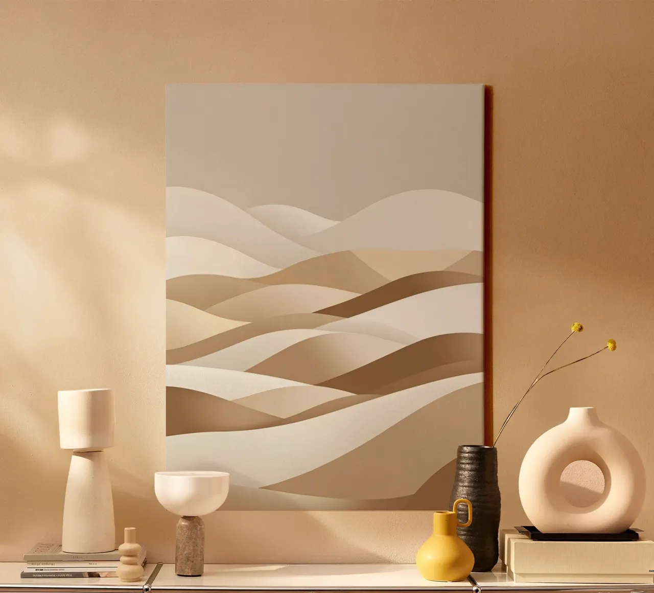 Minimalistisch glooiend abstract landschap canvas met Baklijst van The Green Room