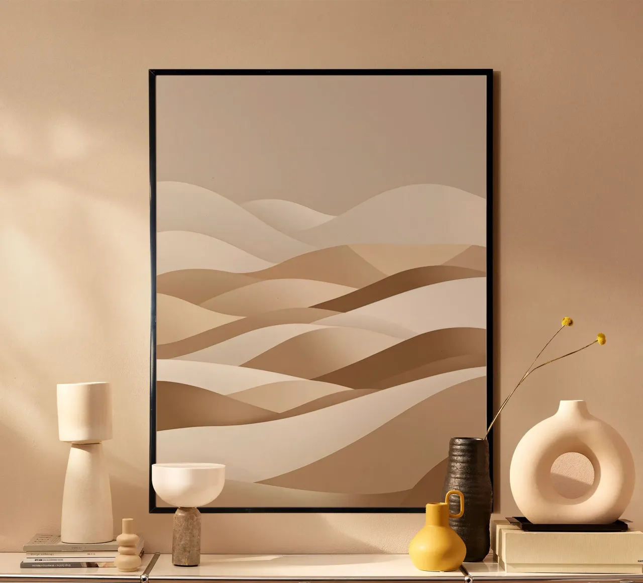Paesaggio astratto minimalista di dolci colline poster con telaio in alluminio da The Green Room