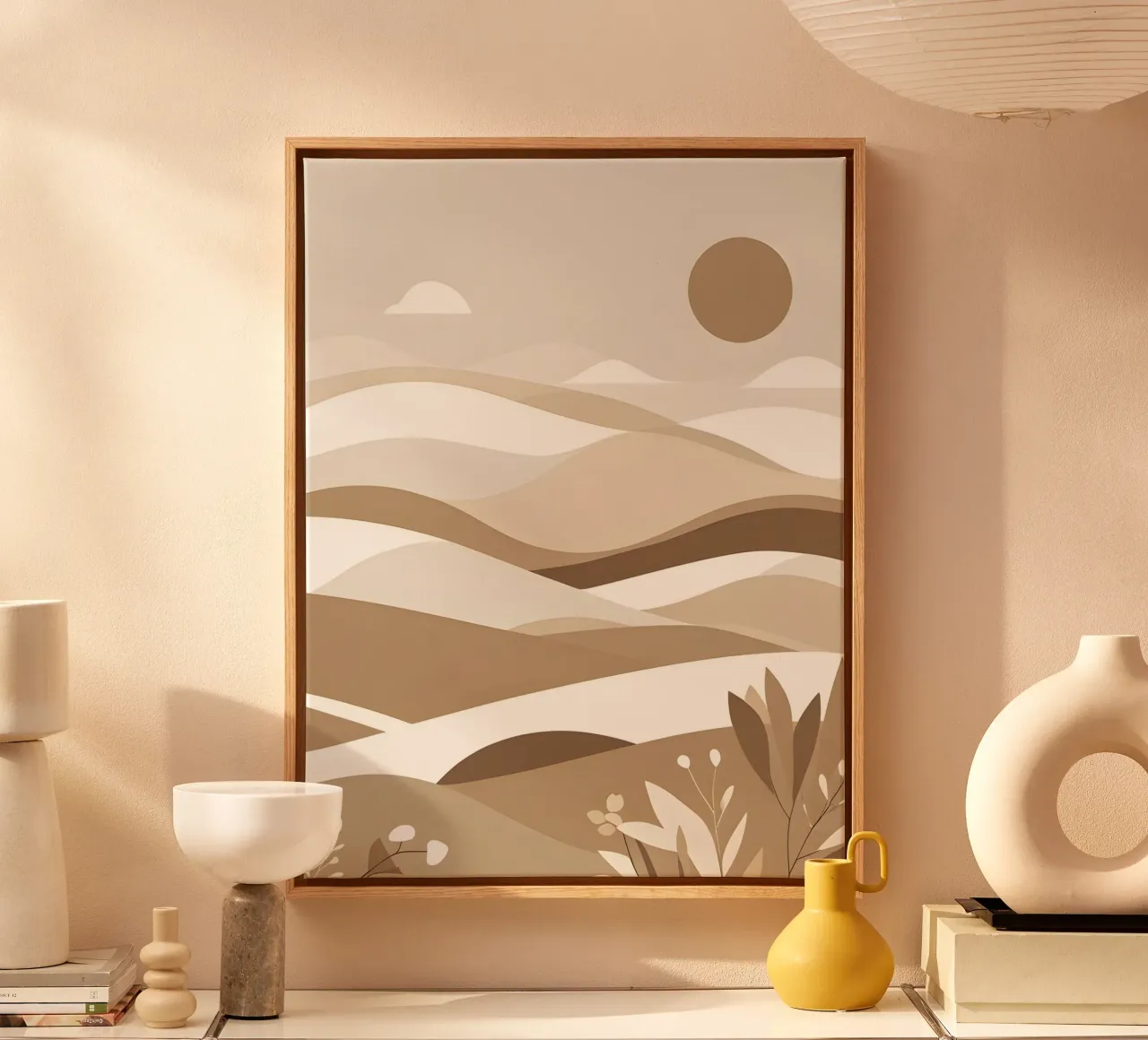 Minimalistisch glooiend abstract landschap canvas met Baklijst van The Green Room