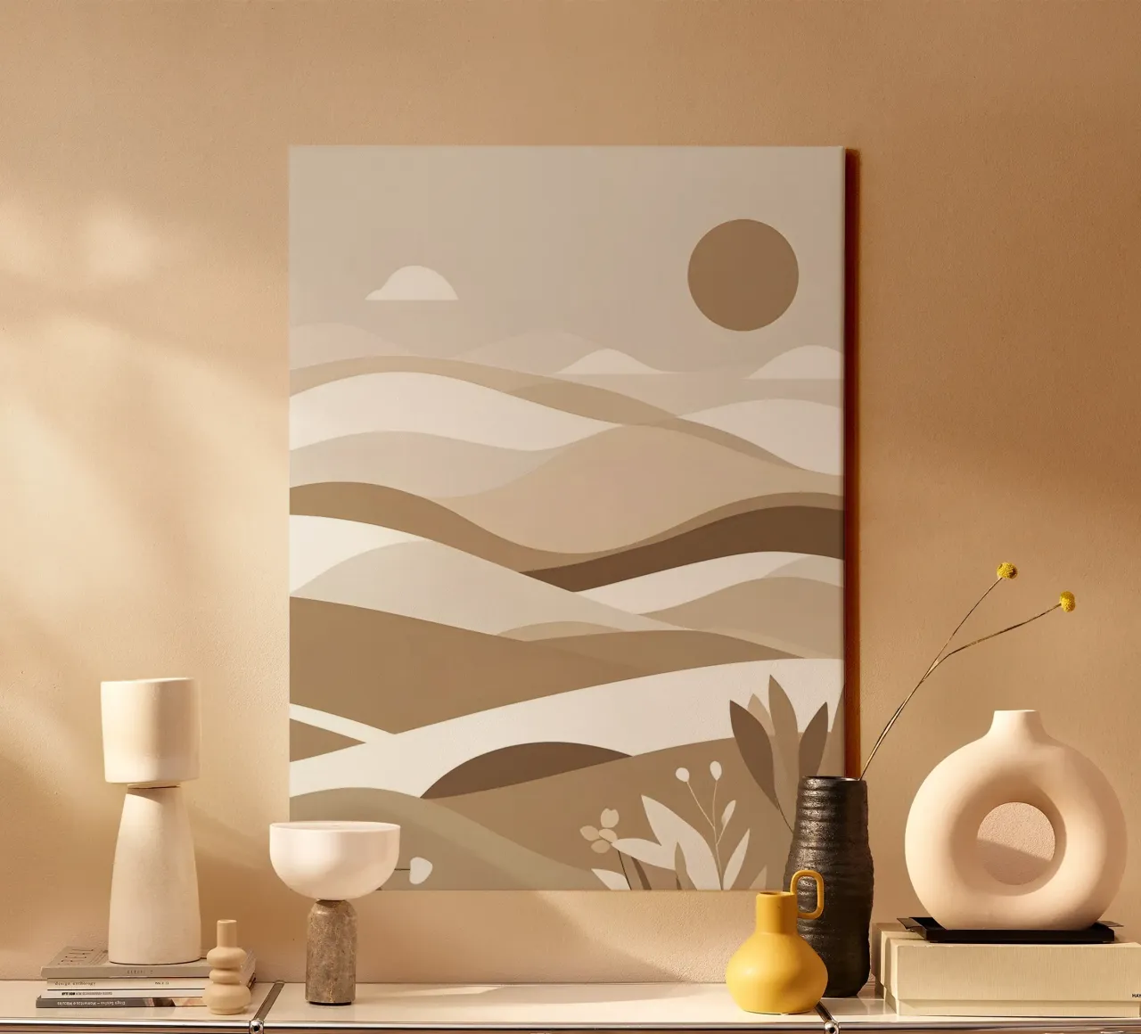 Minimalistisch glooiend abstract landschap canvas met Baklijst van The Green Room