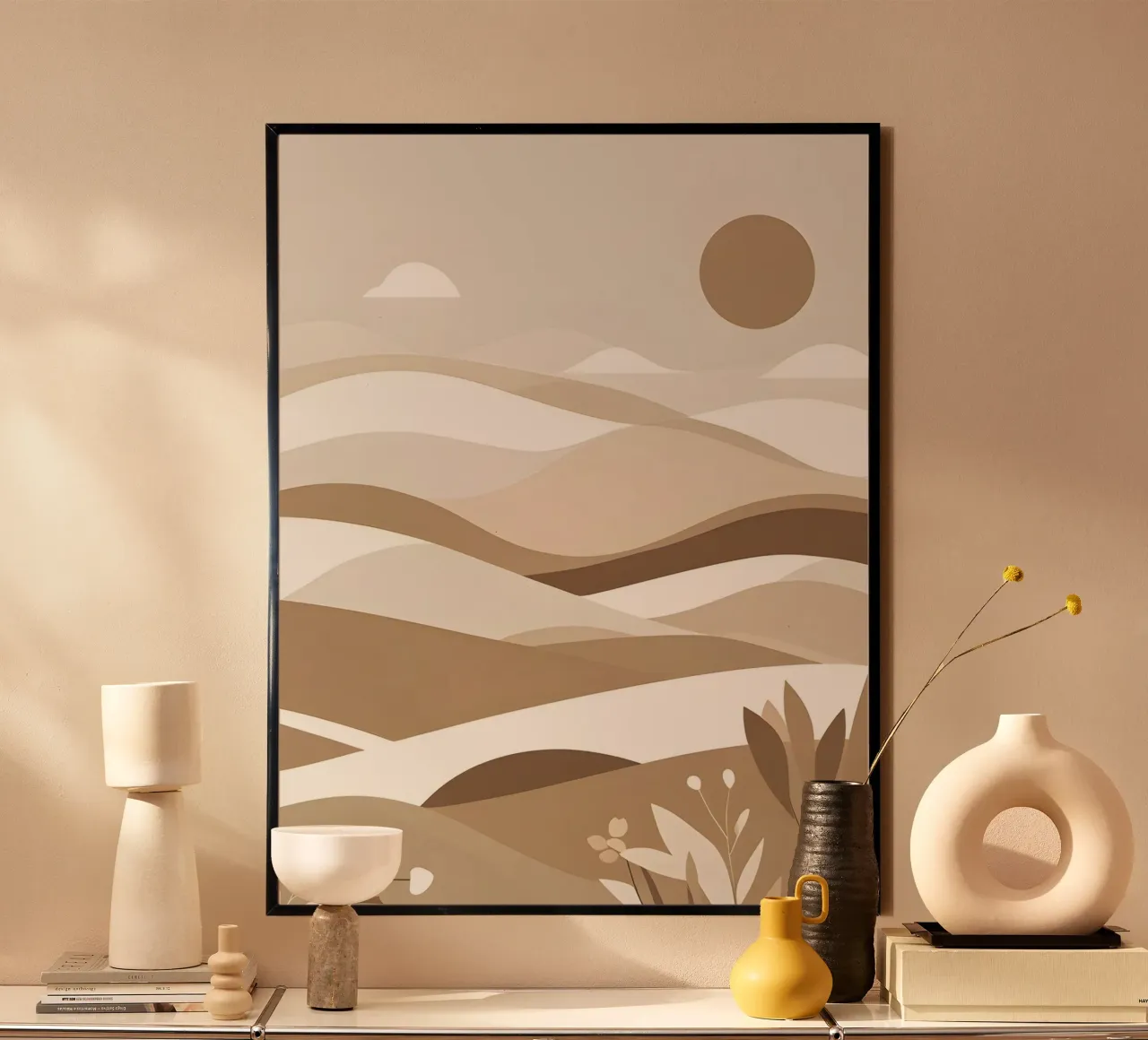 Paesaggio astratto minimalista di dolci colline poster con telaio in legno da The Green Room