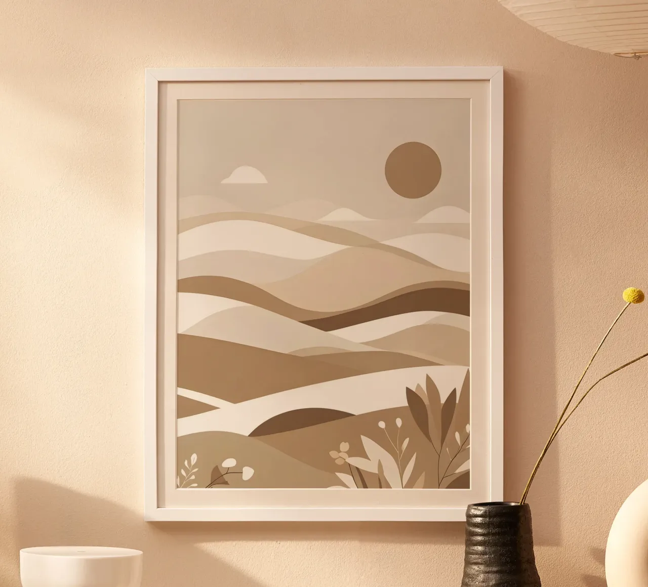 Paesaggio astratto minimalista di dolci colline poster con telaio in legno da The Green Room