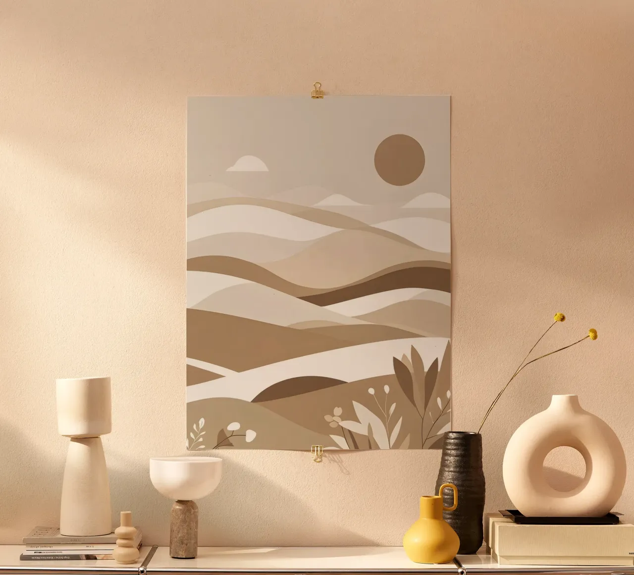 Paesaggio astratto minimalista di dolci colline poster con telaio in legno da The Green Room