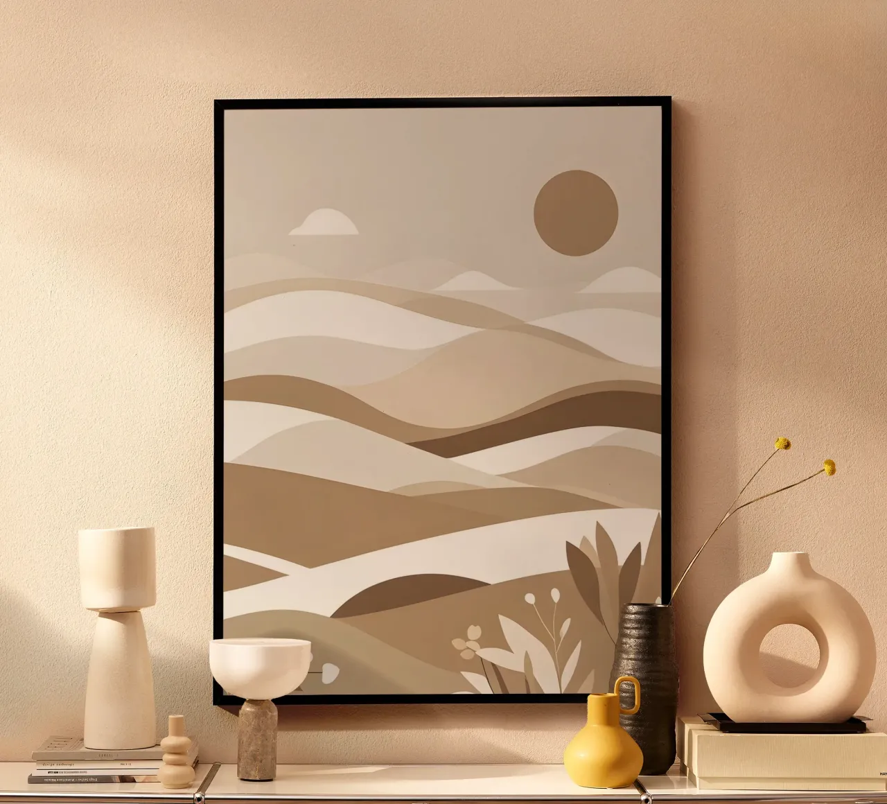 Paesaggio astratto minimalista di dolci colline poster con telaio in legno da The Green Room