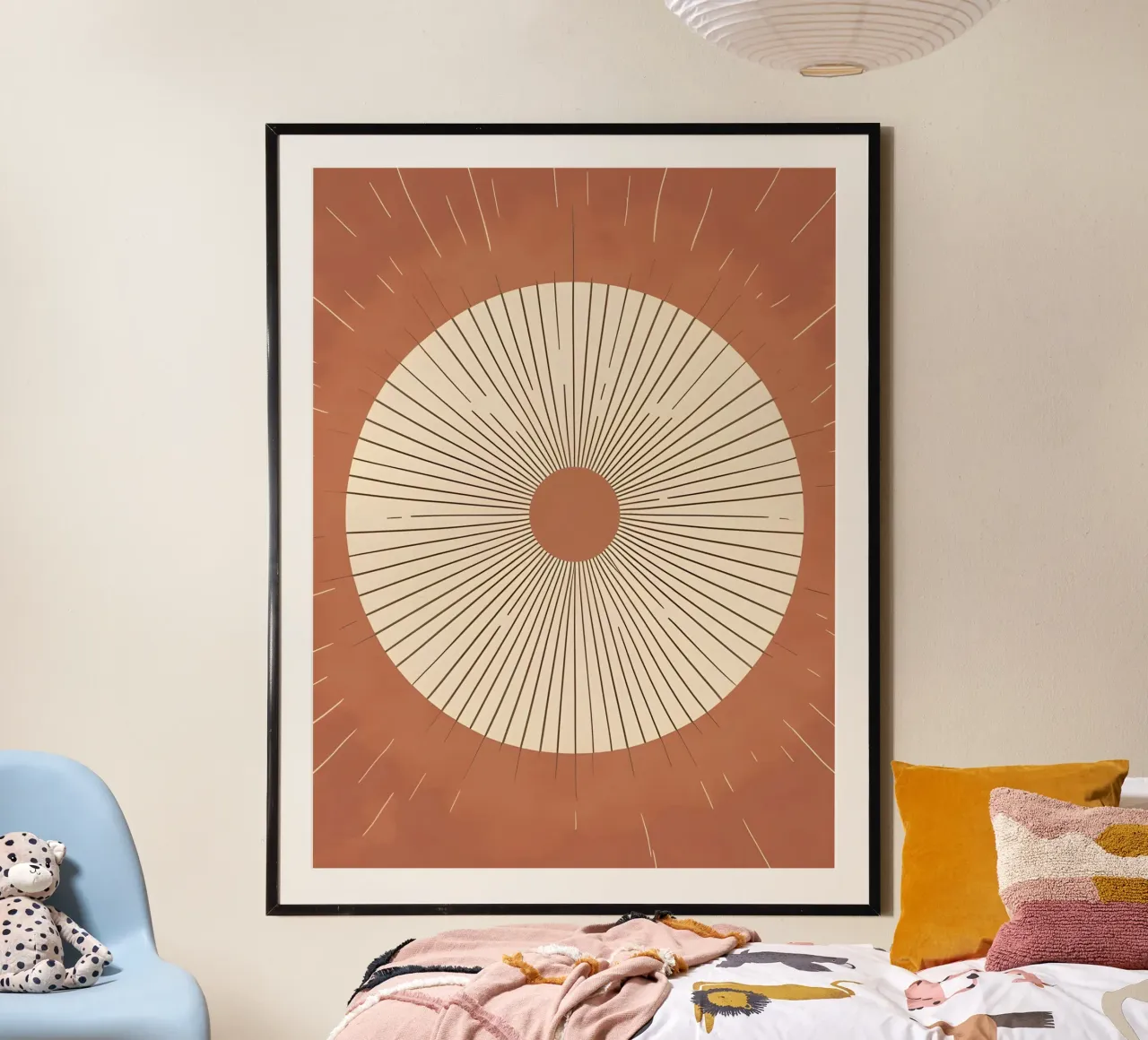 Sole astratto con linee geometriche radianti poster con telaio in alluminio da The Green Room